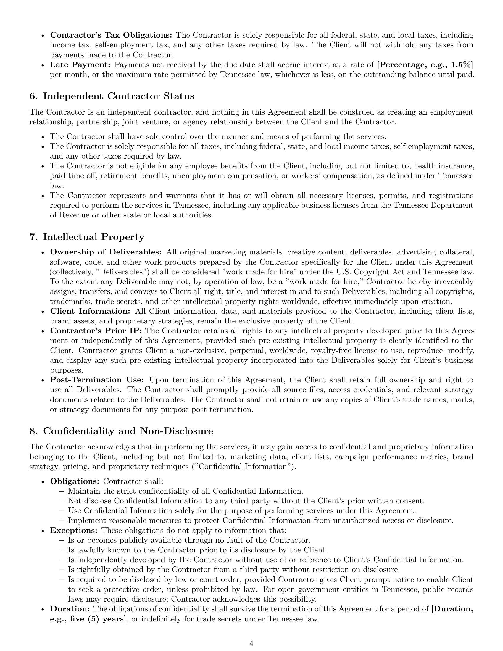 Preview page 4 of Pro Tennessee marketing independent contractor agreement template
