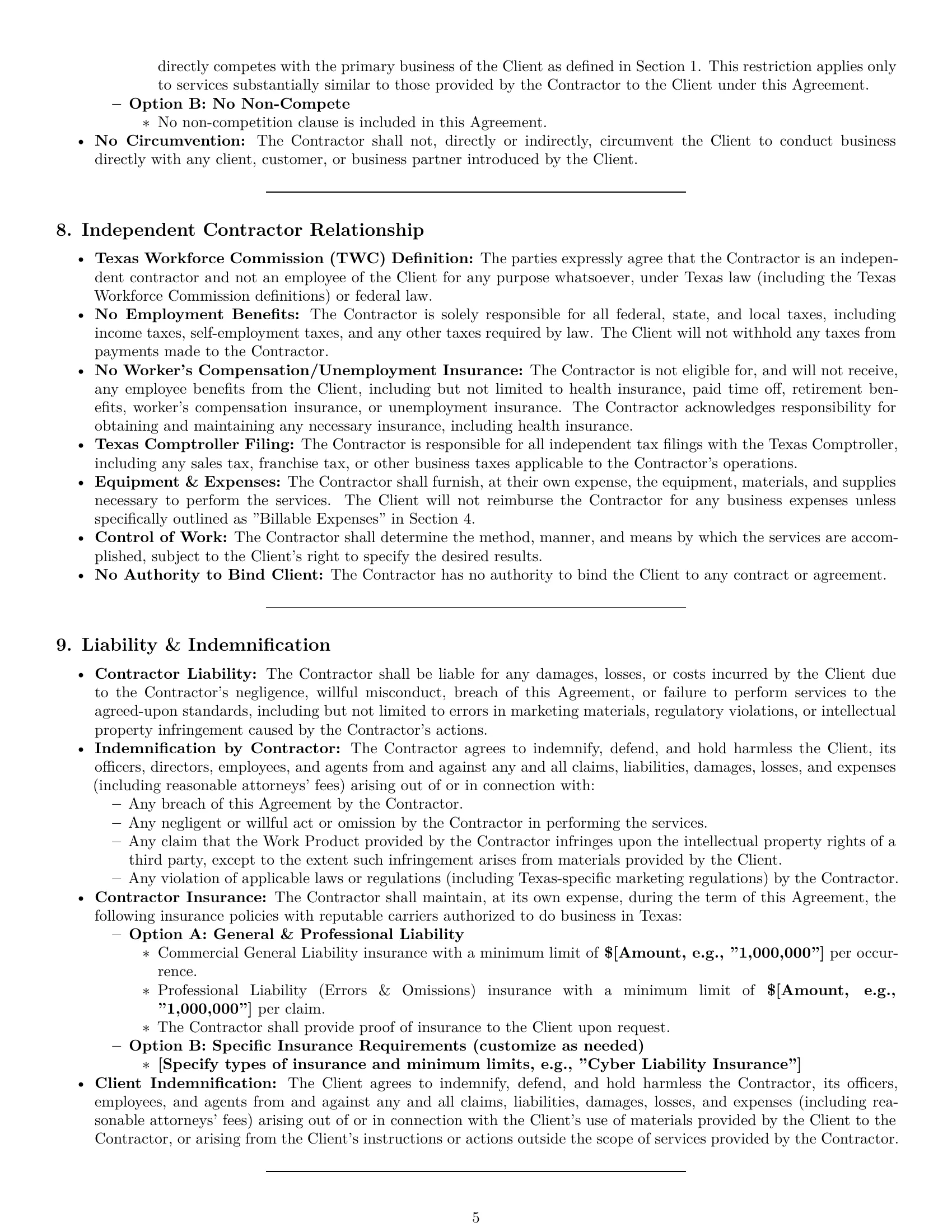 Preview page 5 of Pro Texas marketing independent contractor agreement template