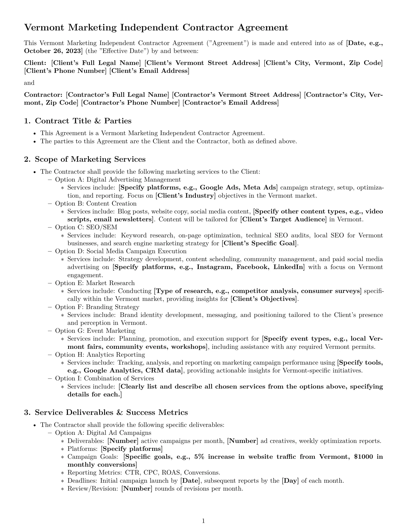 Preview page 1 of Pro Vermont marketing independent contractor agreement template