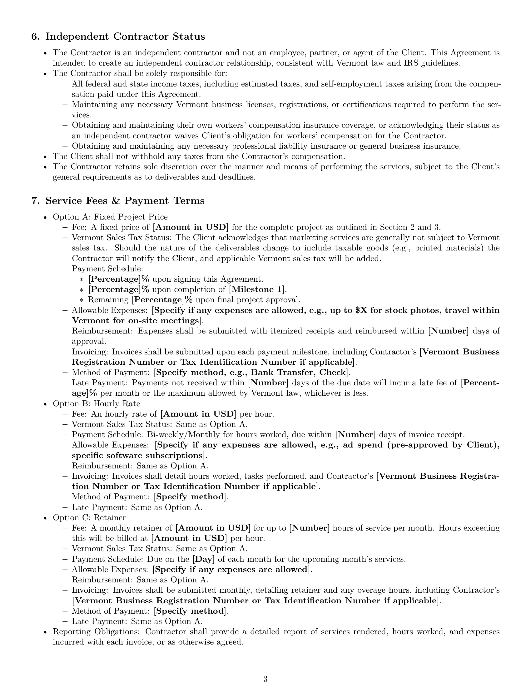 Preview page 3 of Pro Vermont marketing independent contractor agreement template