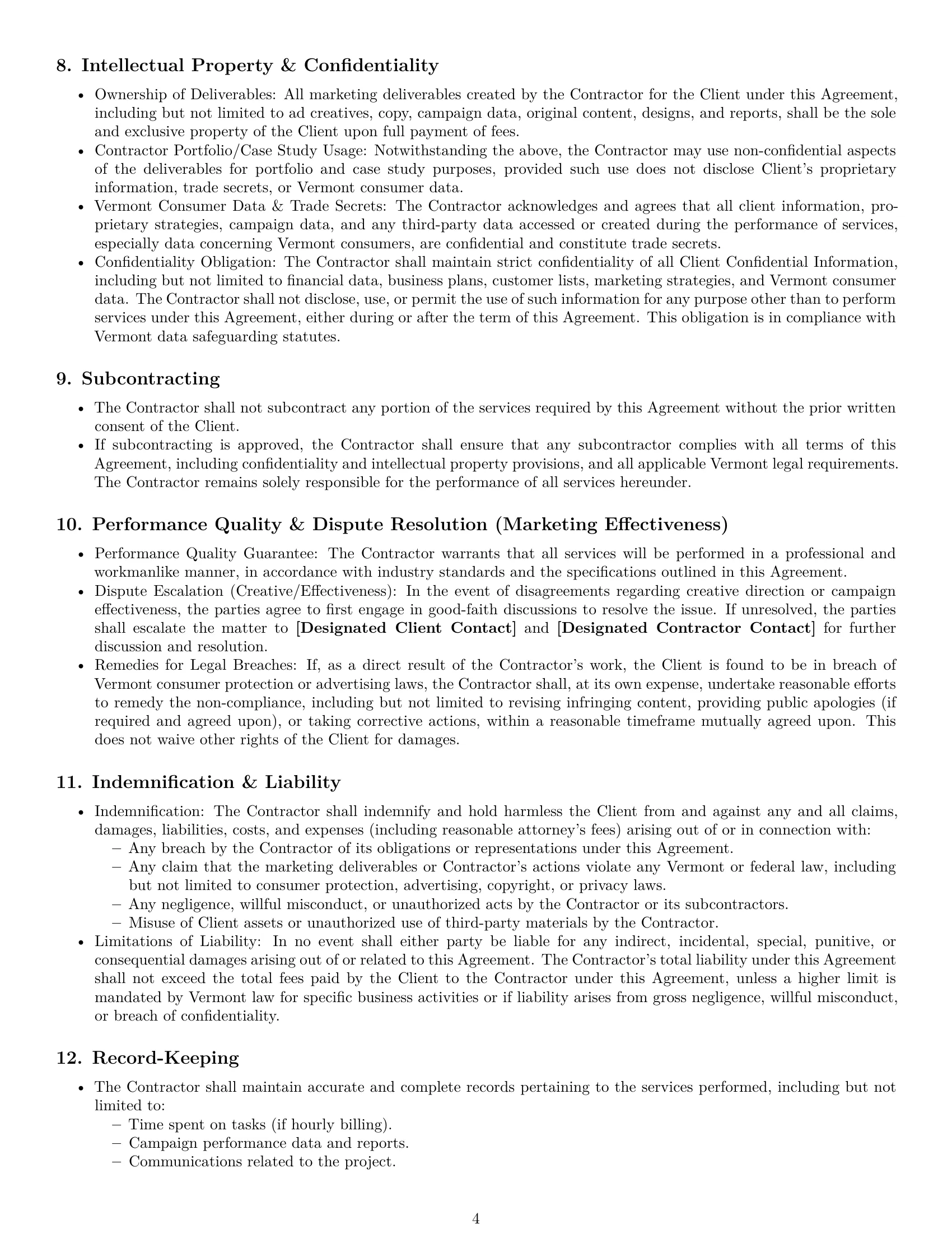 Preview page 4 of Pro Vermont marketing independent contractor agreement template