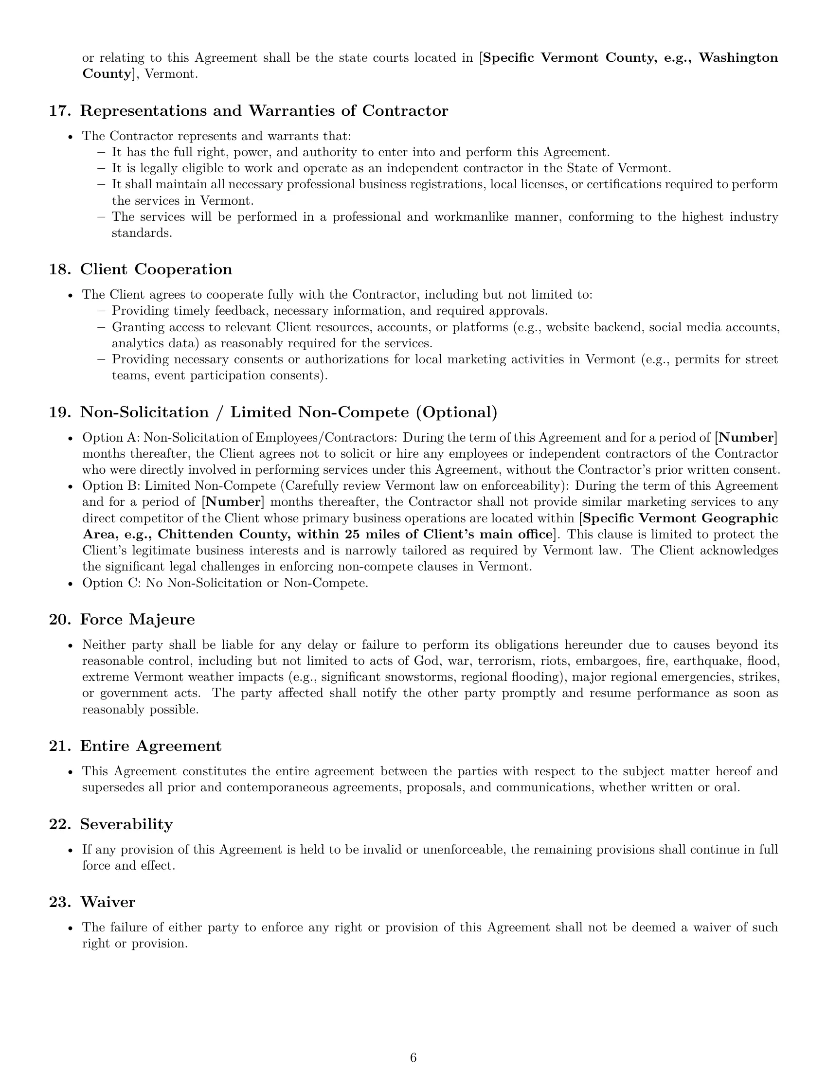 Preview page 6 of Pro Vermont marketing independent contractor agreement template