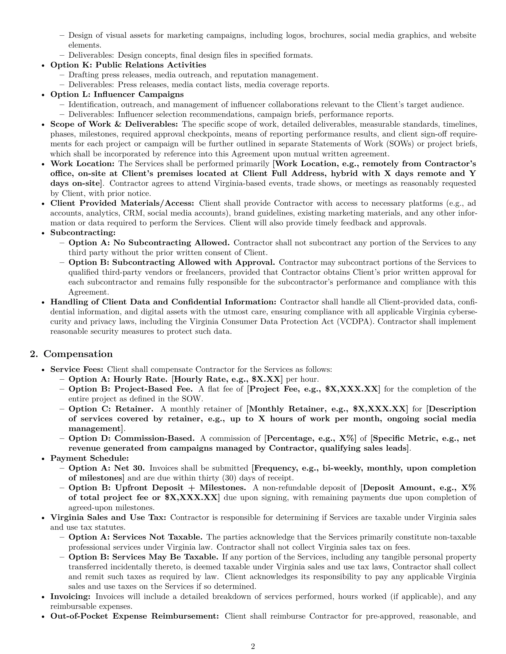 Preview page 2 of Pro Virginia marketing independent contractor agreement template