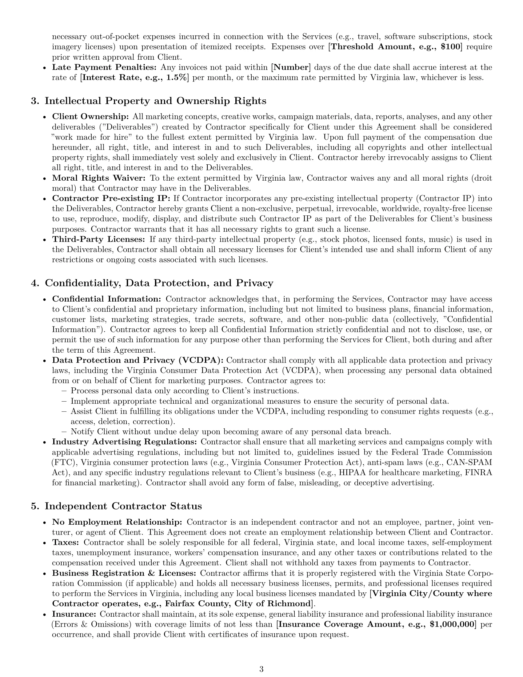 Preview page 3 of Pro Virginia marketing independent contractor agreement template