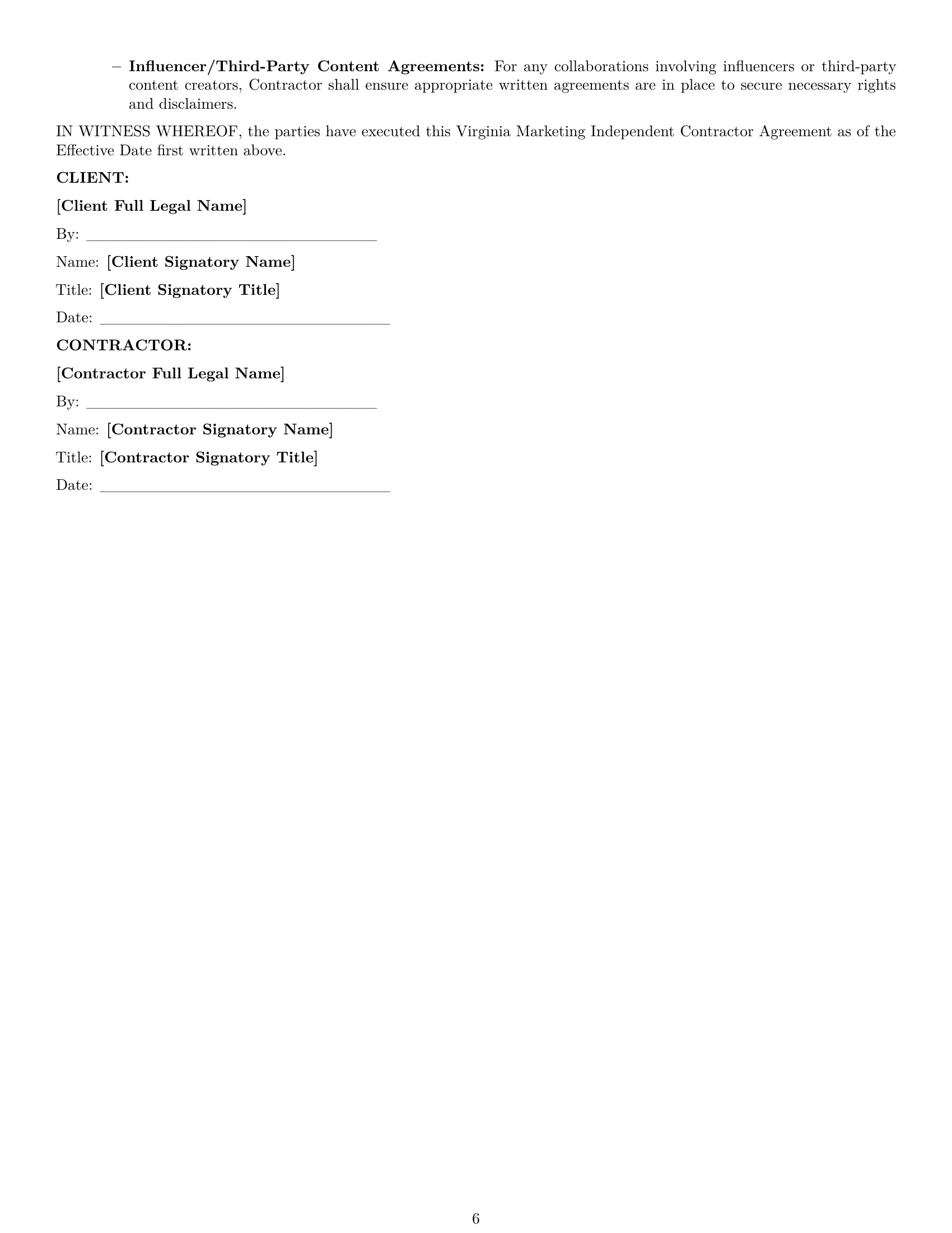 Preview page 6 of Pro Virginia marketing independent contractor agreement template