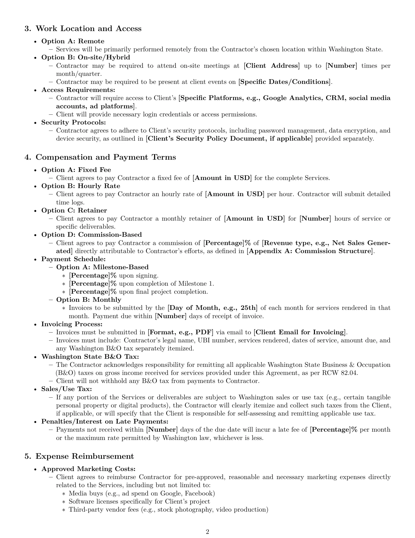 Preview page 2 of Pro Washington marketing independent contractor agreement template