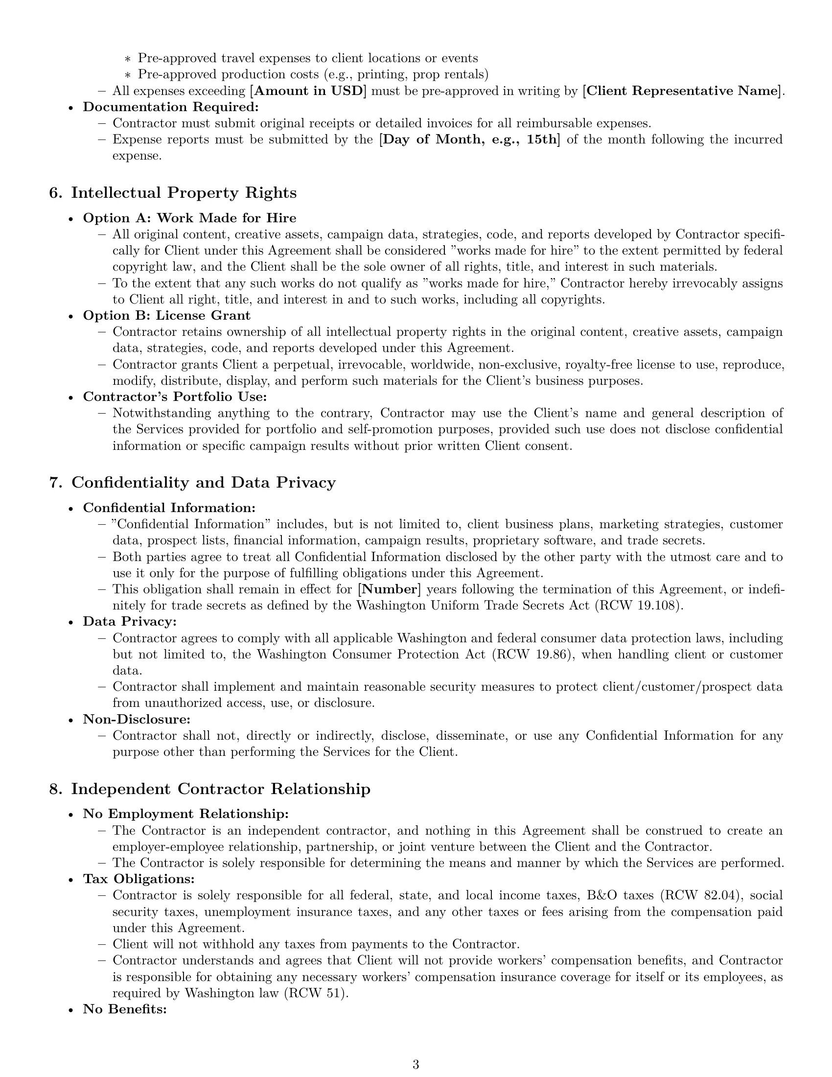 Preview page 3 of Pro Washington marketing independent contractor agreement template