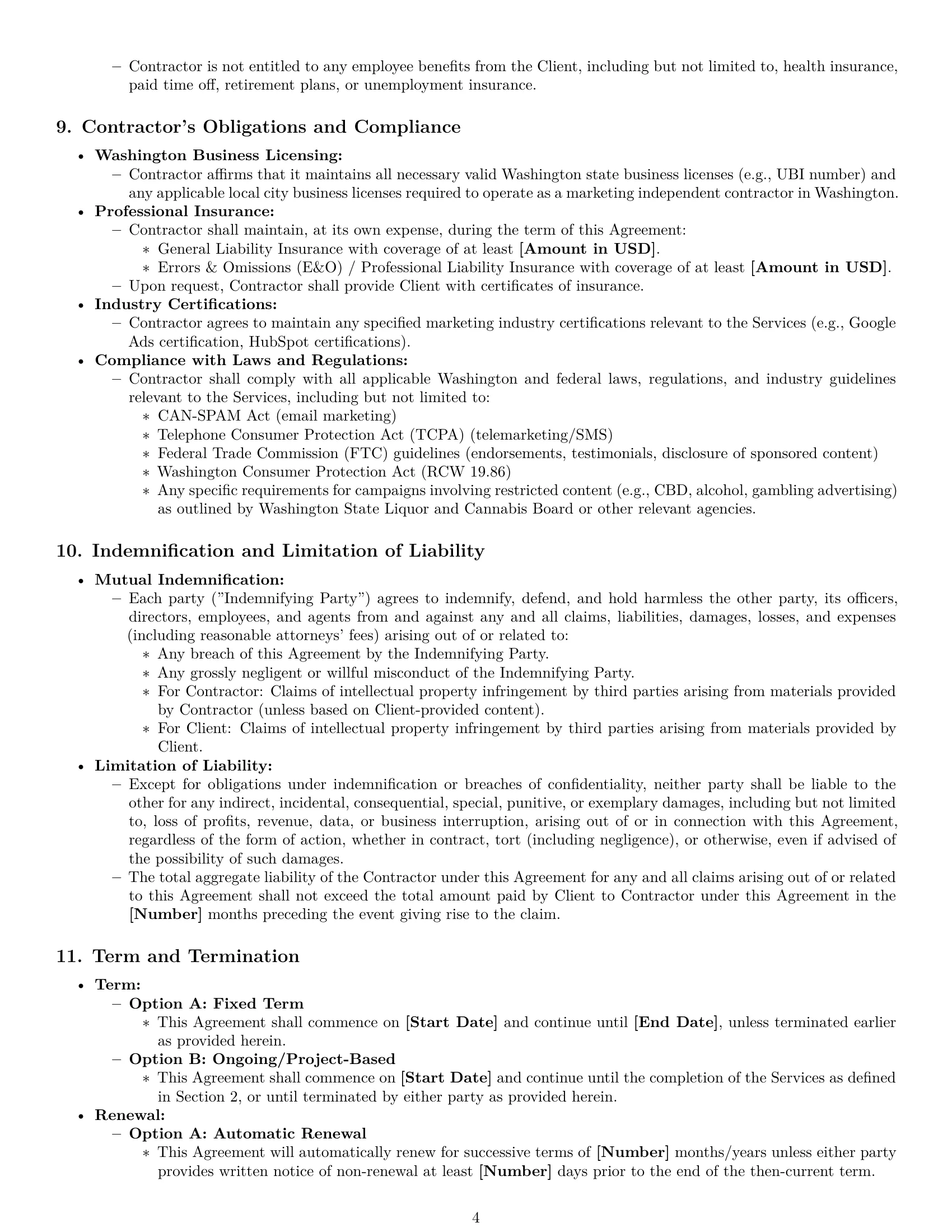 Preview page 4 of Pro Washington marketing independent contractor agreement template