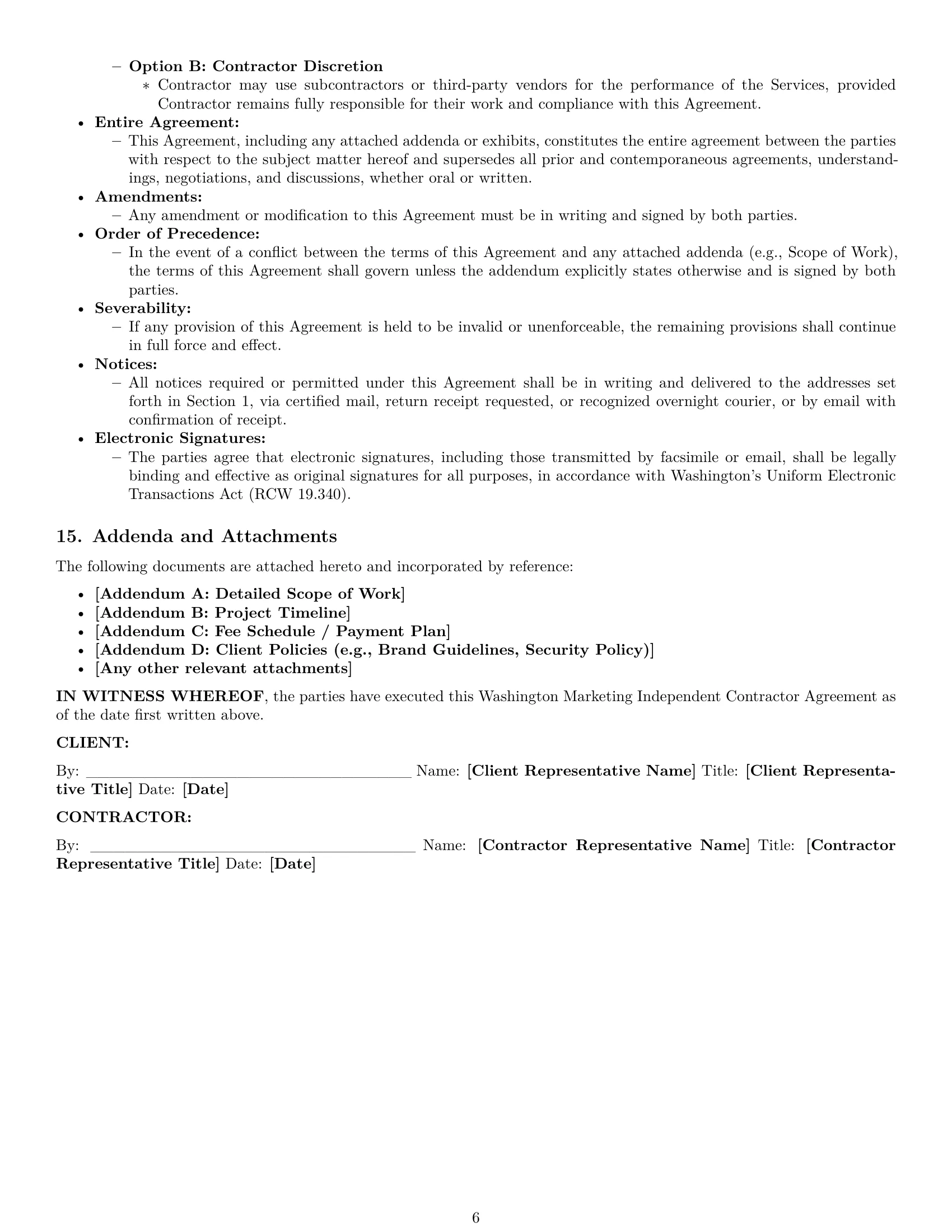 Preview page 6 of Pro Washington marketing independent contractor agreement template