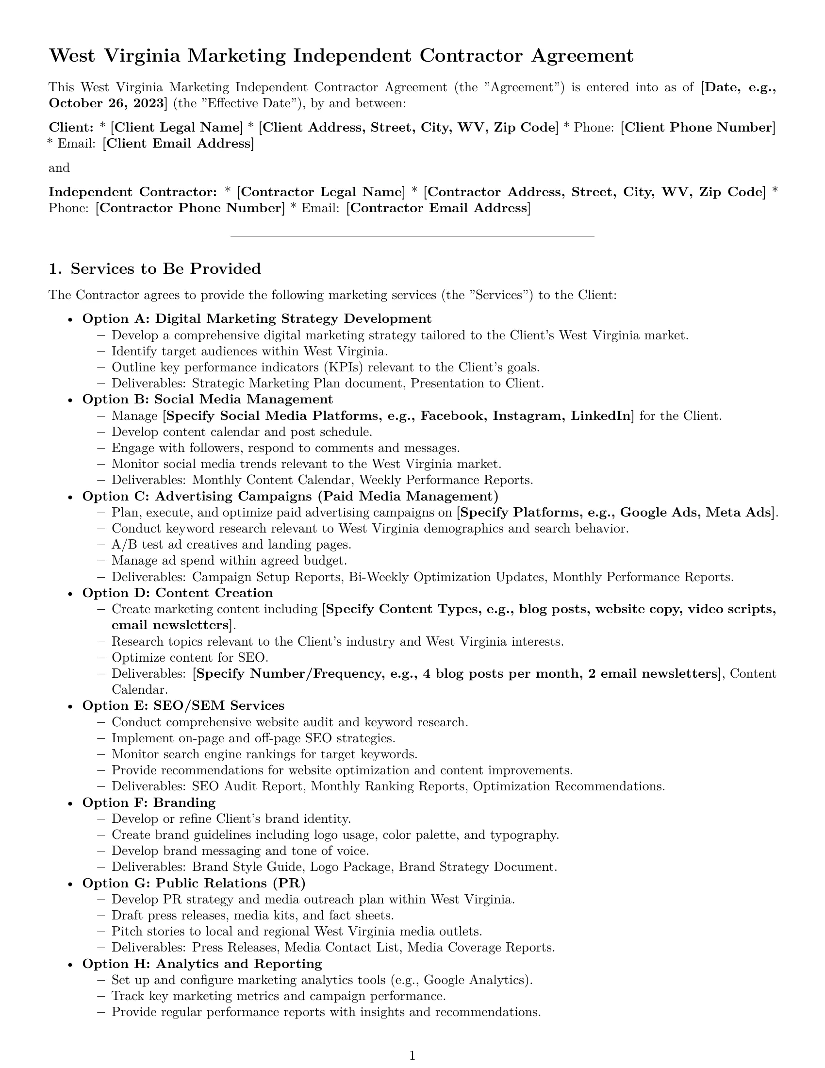 Preview page 1 of Pro West Virginia marketing independent contractor agreement template