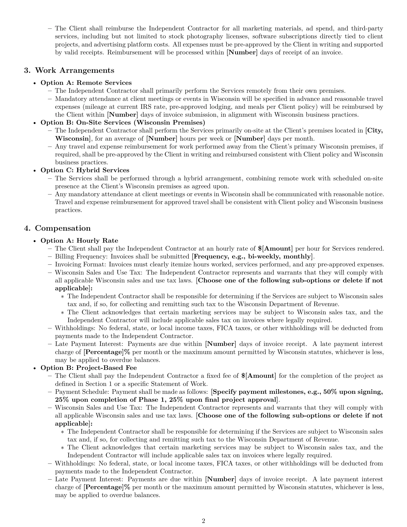 Preview page 2 of Pro Wisconsin marketing independent contractor agreement template