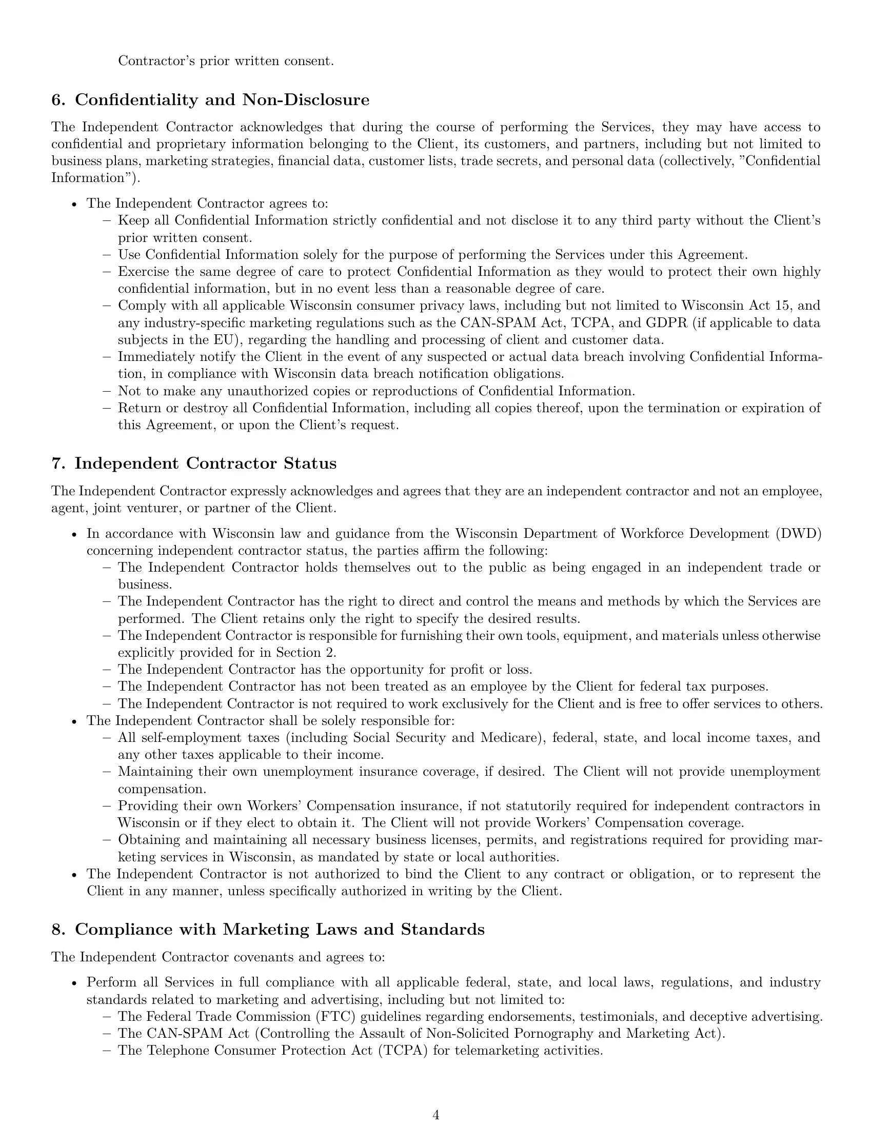 Preview page 4 of Pro Wisconsin marketing independent contractor agreement template