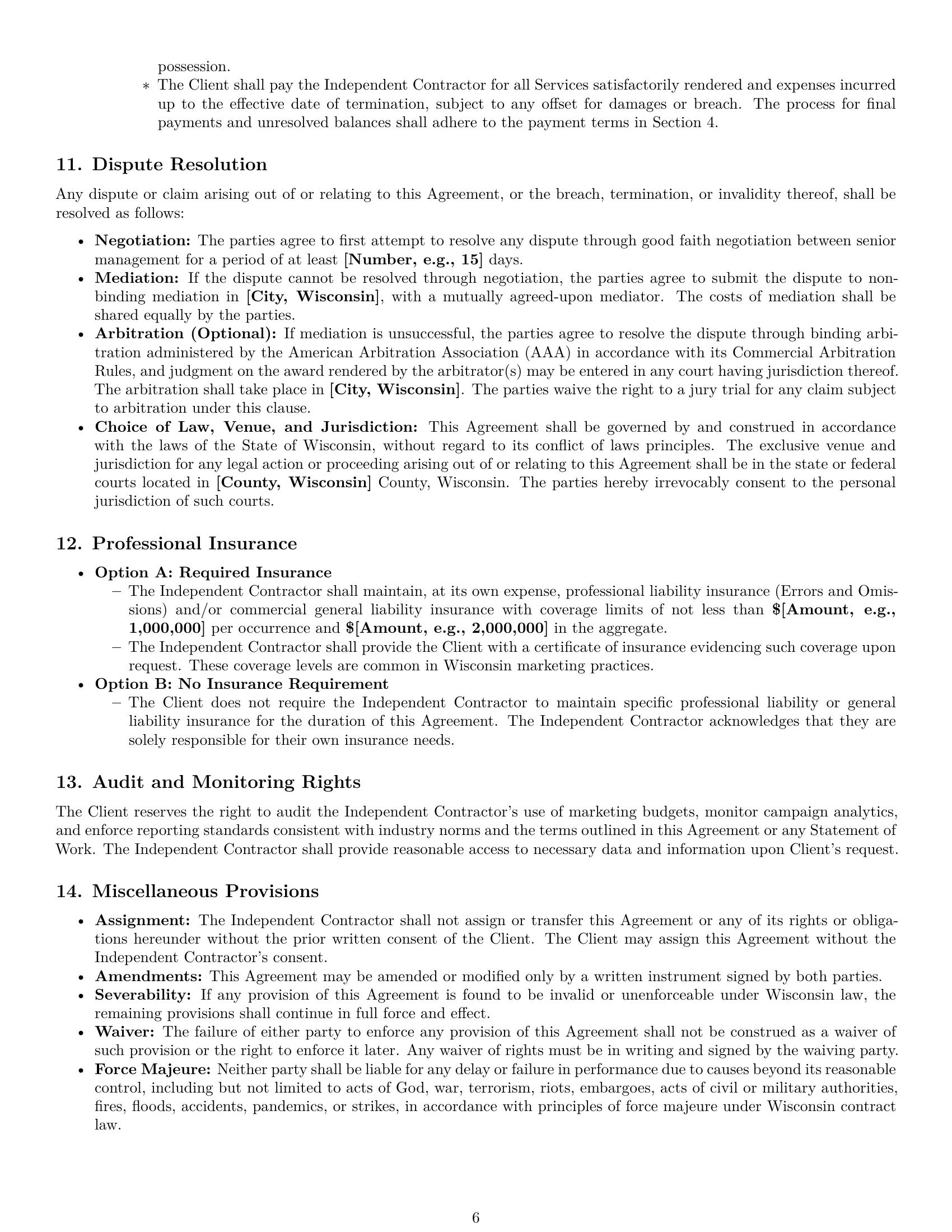 Preview page 6 of Pro Wisconsin marketing independent contractor agreement template