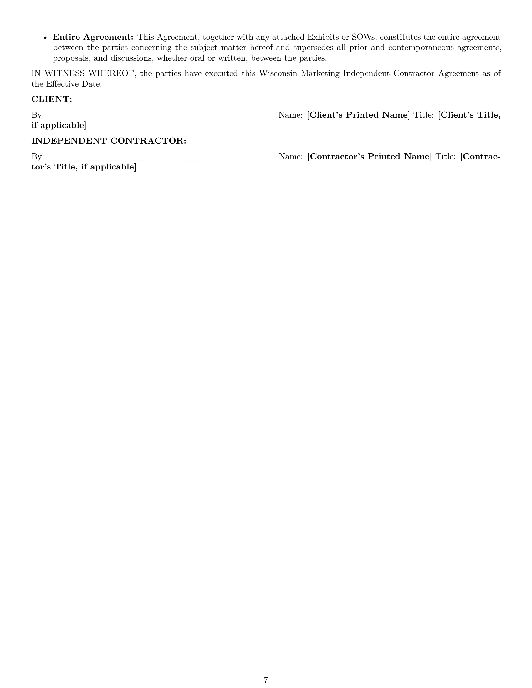 Preview page 7 of Pro Wisconsin marketing independent contractor agreement template