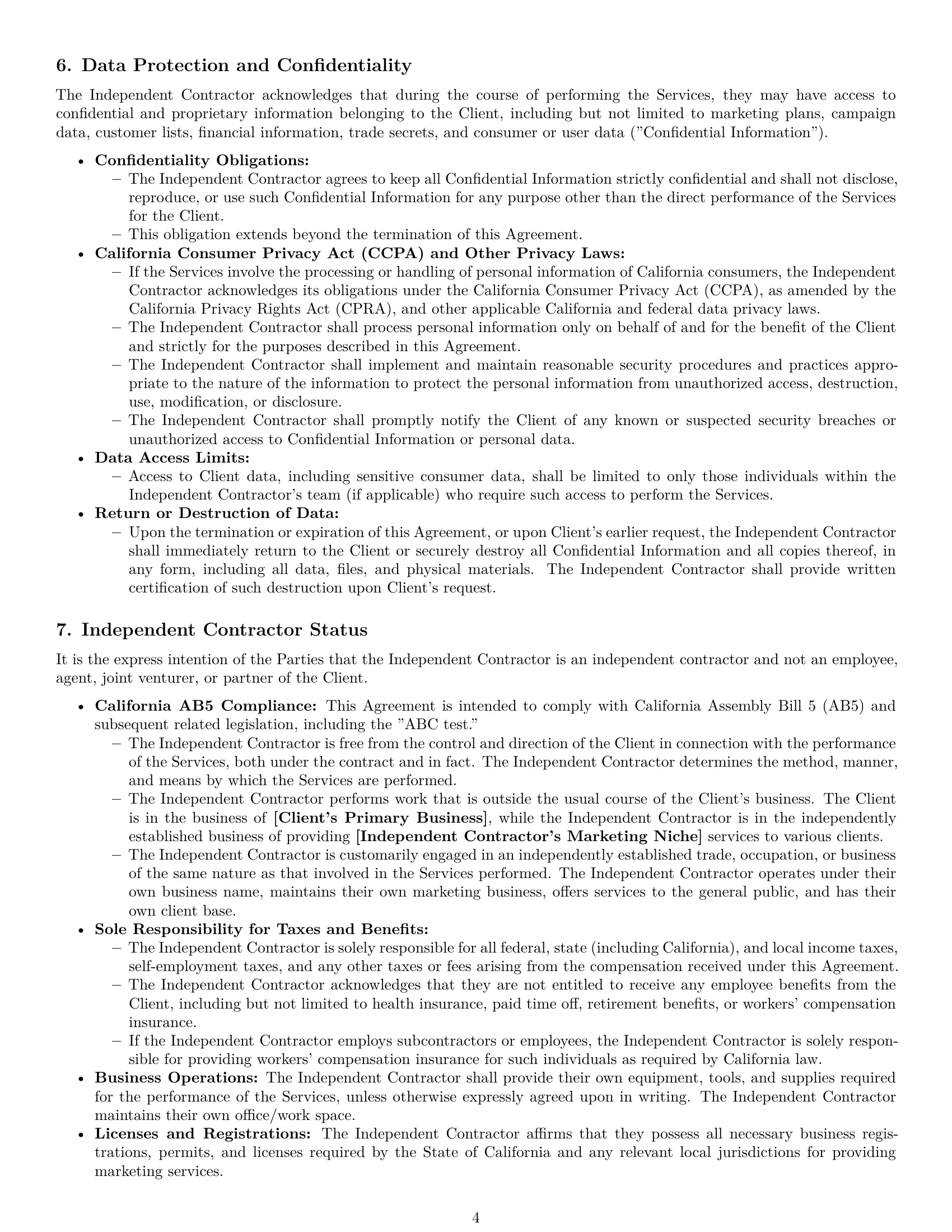 Preview page 4 of Pro California marketing independent contractor agreement template