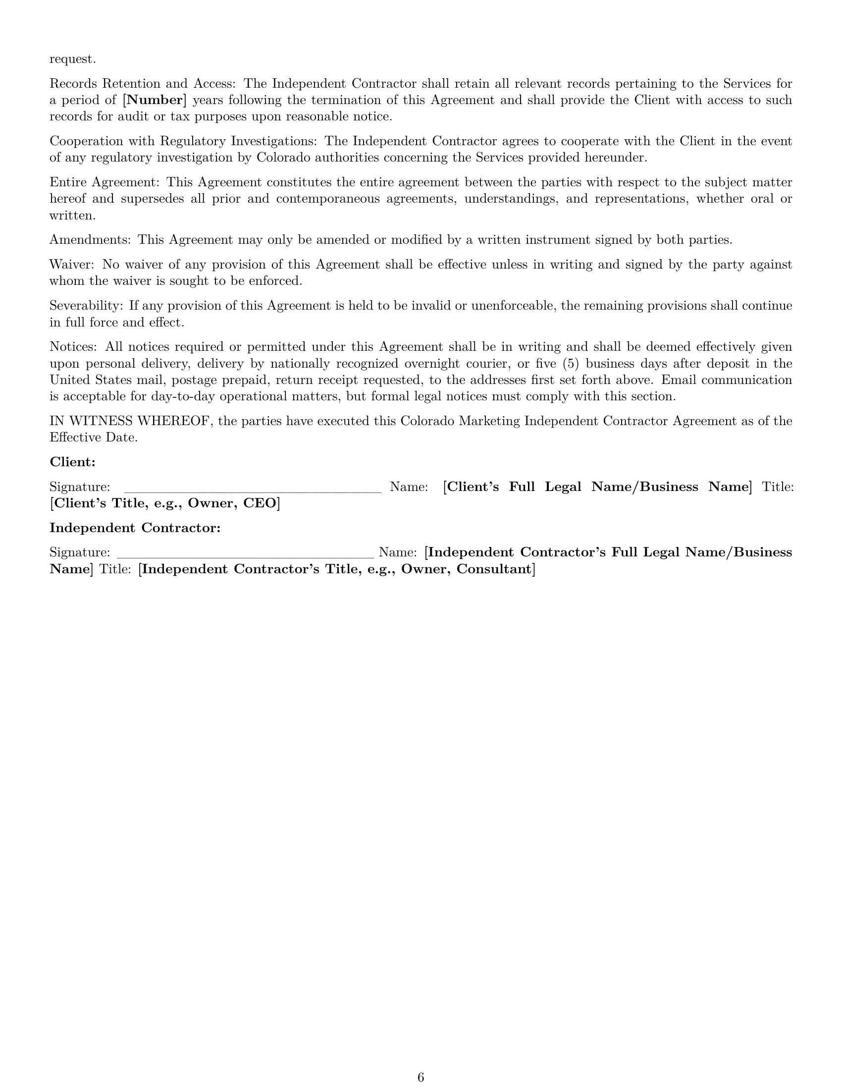 Preview page 6 of Pro Colorado marketing independent contractor agreement template