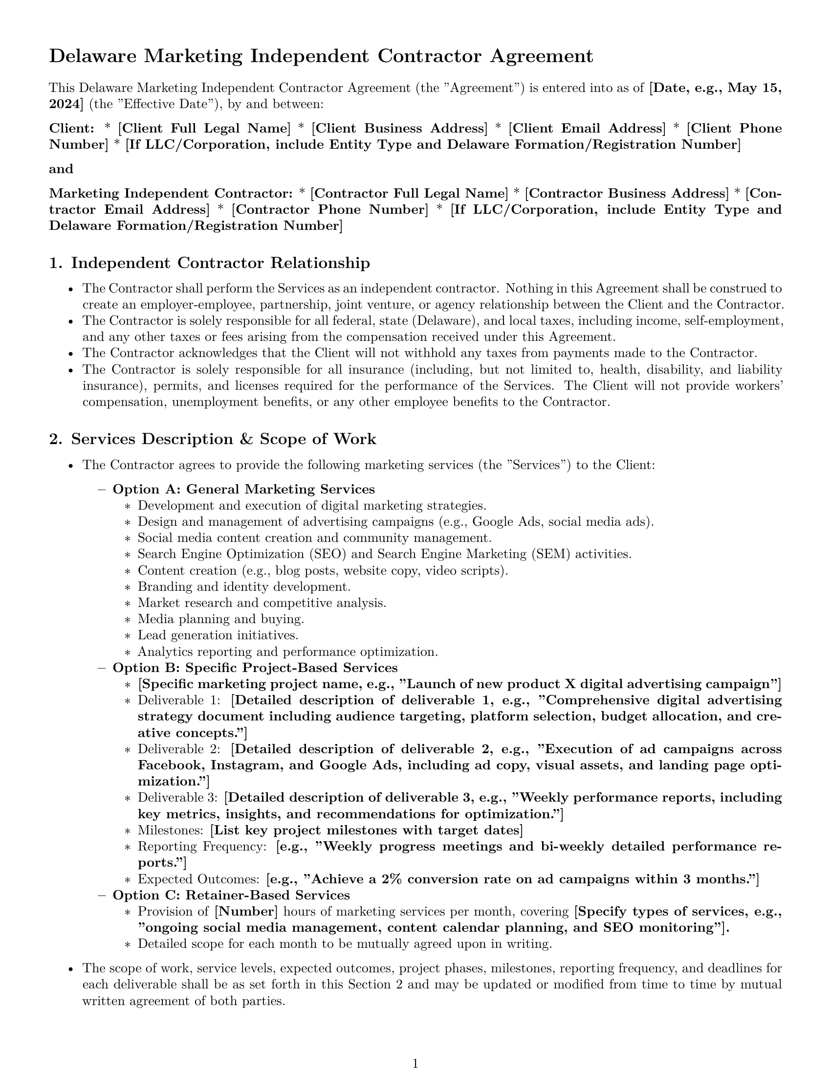 Preview page 1 of Pro Delaware marketing independent contractor agreement template