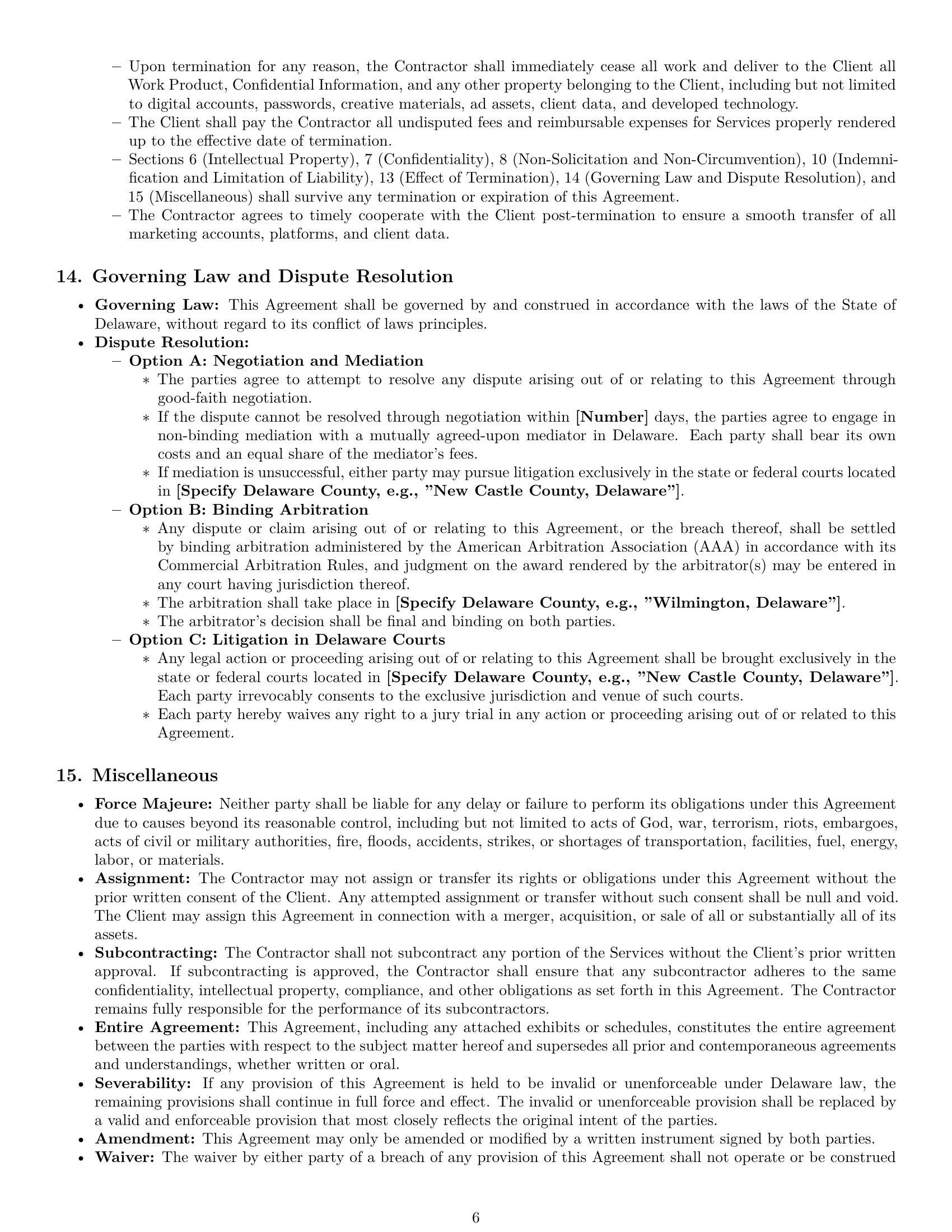 Preview page 6 of Pro Delaware marketing independent contractor agreement template