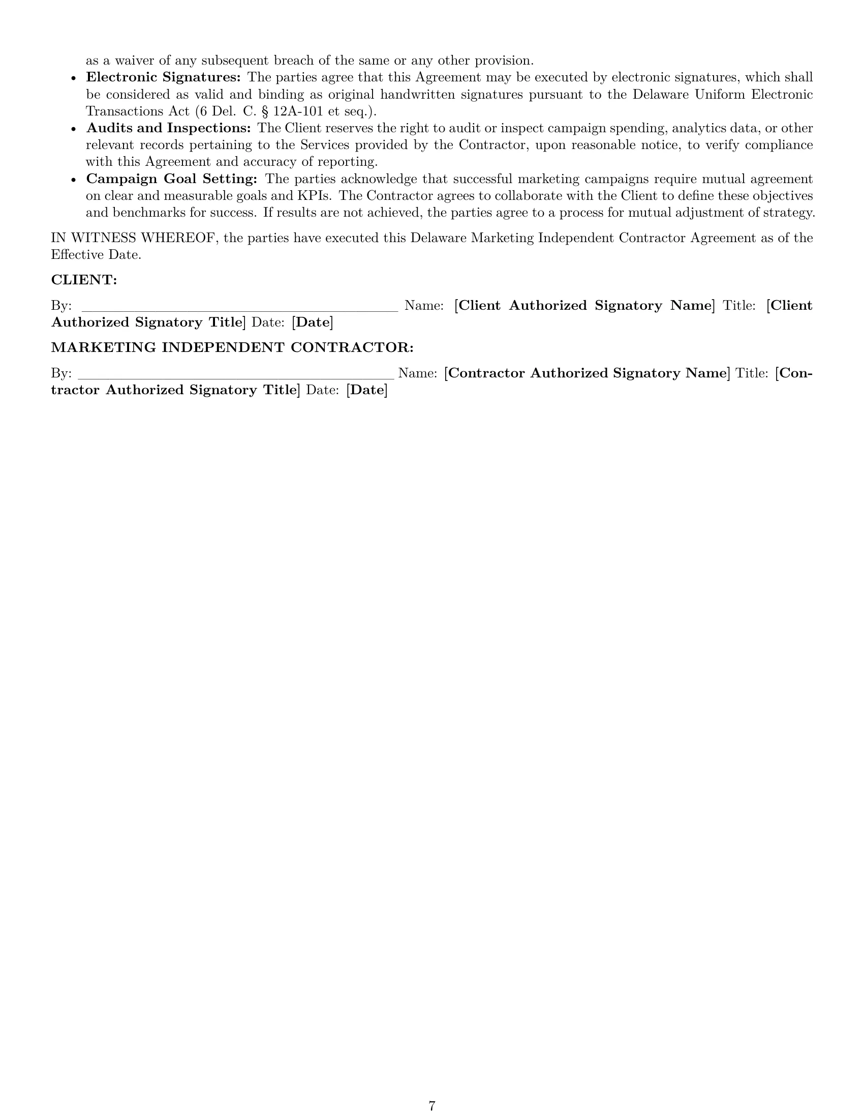 Preview page 7 of Pro Delaware marketing independent contractor agreement template