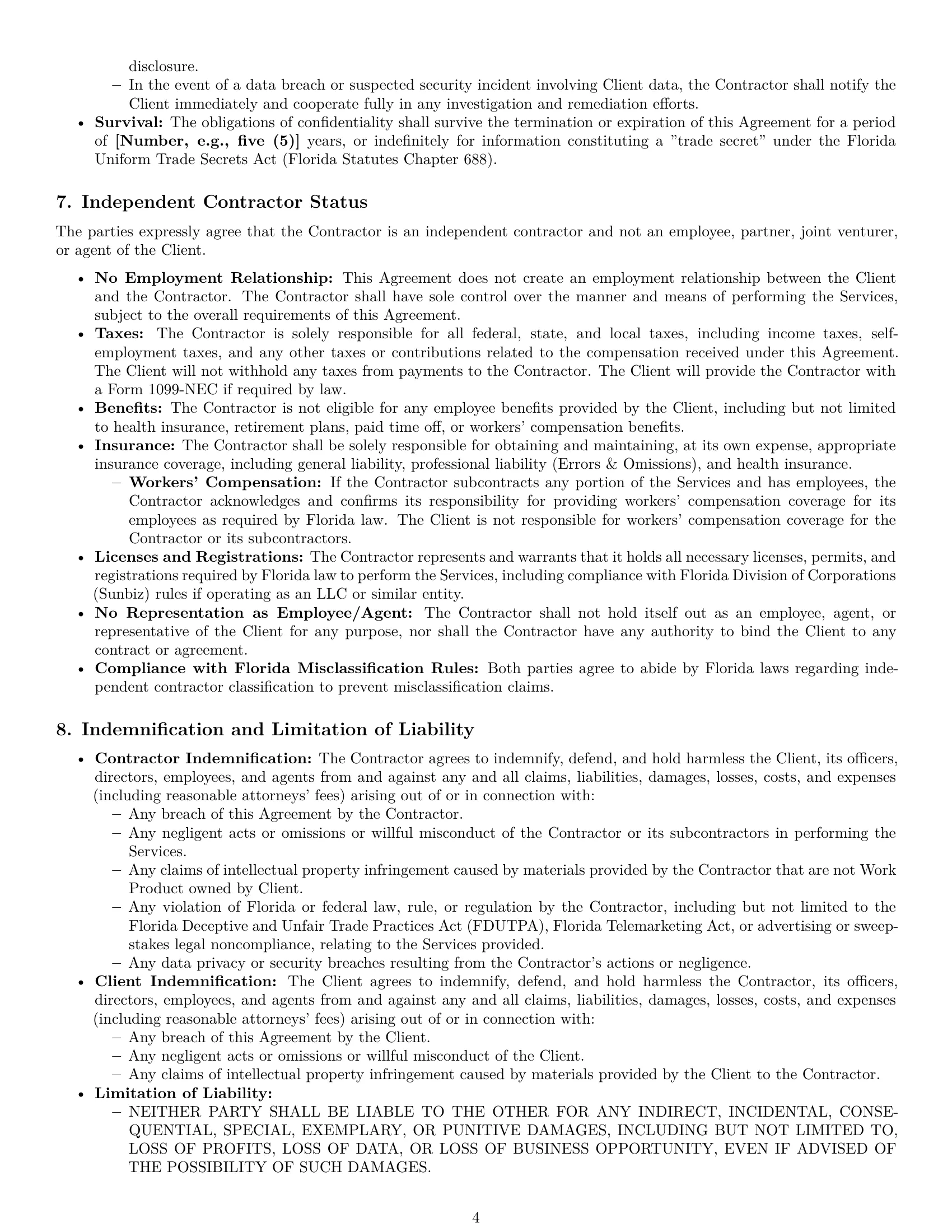 Preview page 4 of Pro Florida marketing independent contractor agreement template