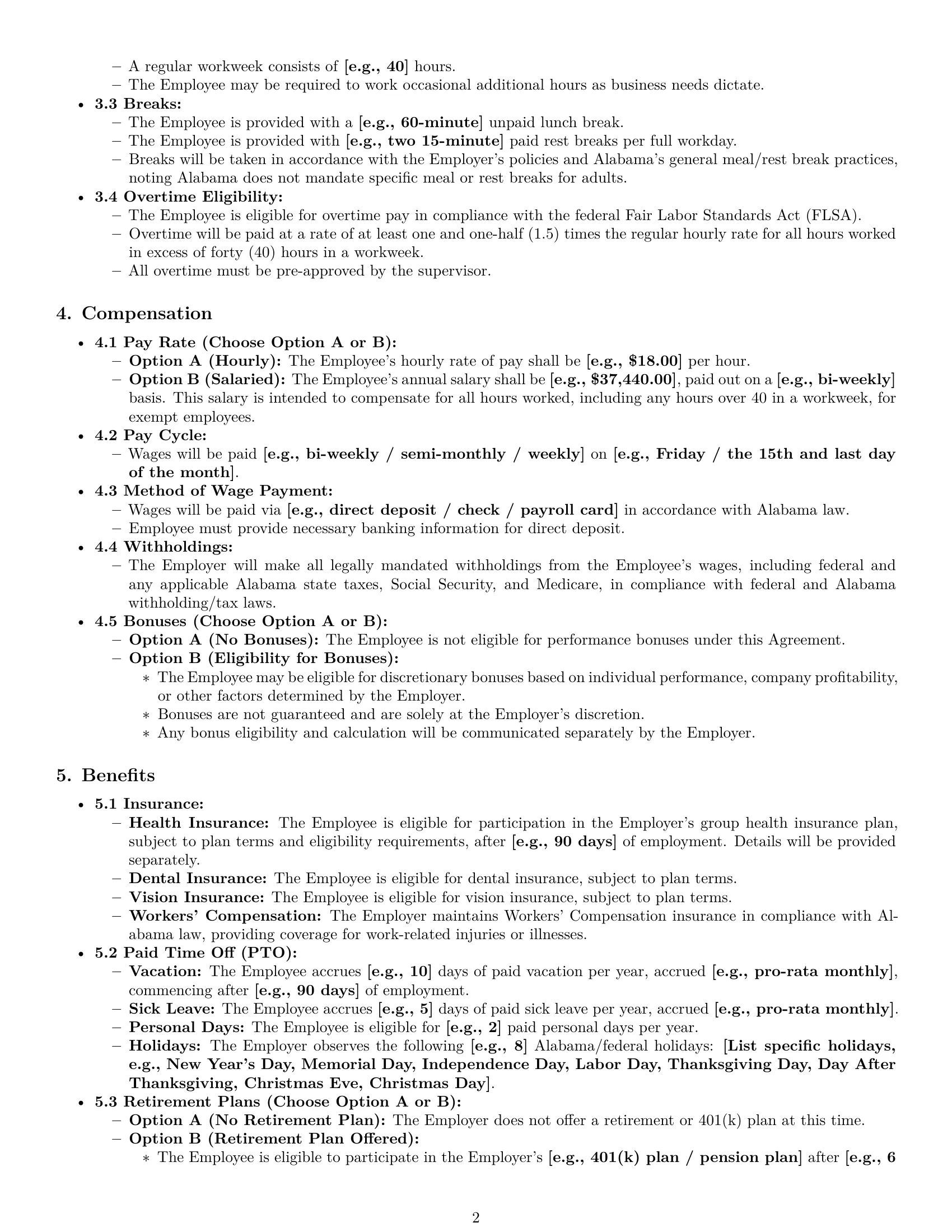 Preview page 2 of Pro Alabama office assistant employment contract template