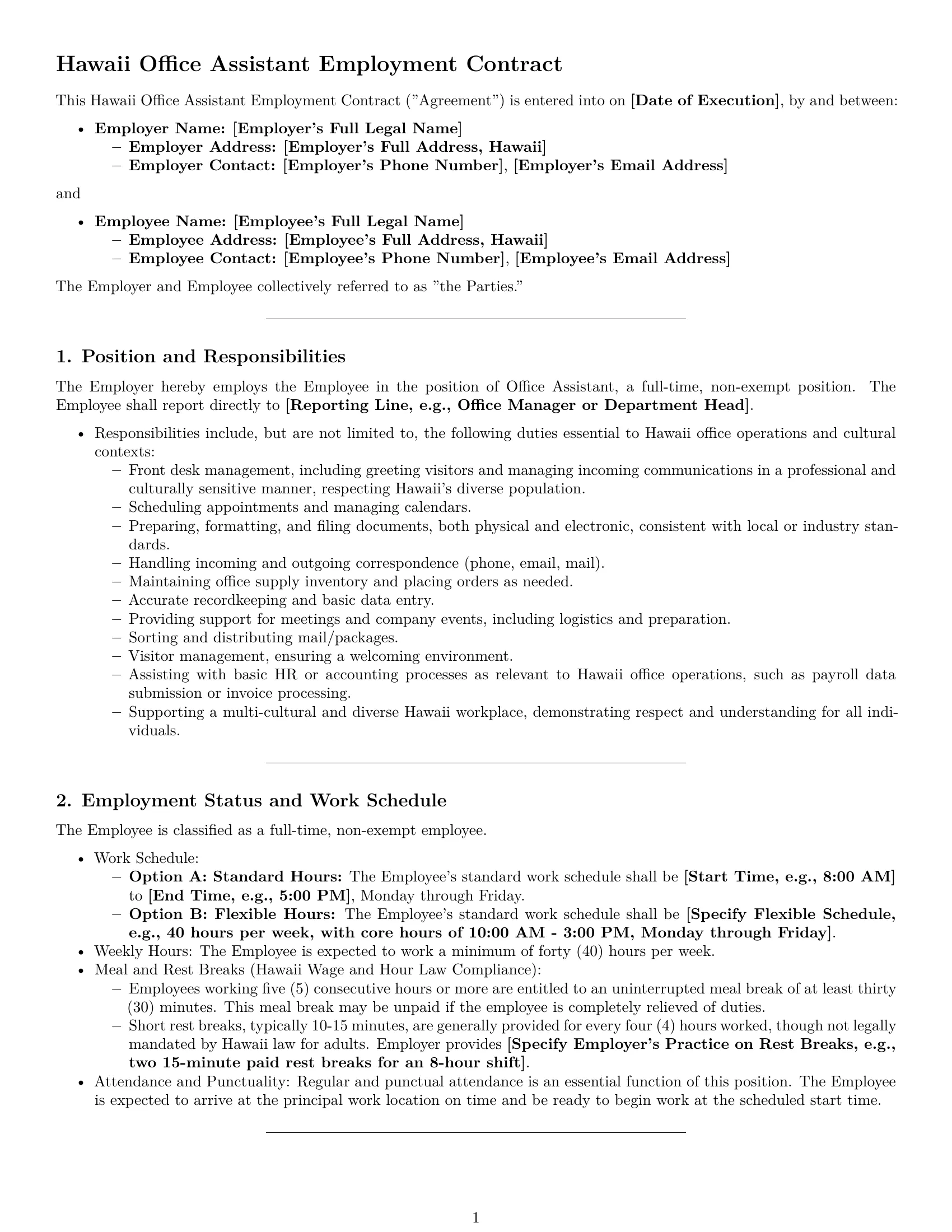 Preview page 1 of Pro Hawaii office assistant employment contract template