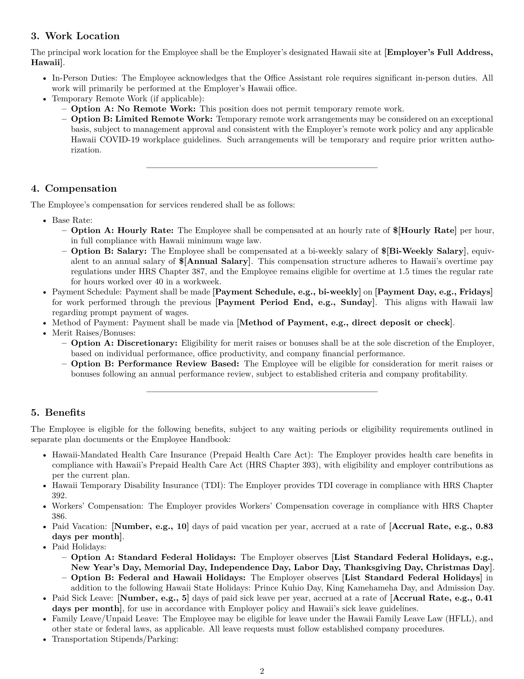 Preview page 2 of Pro Hawaii office assistant employment contract template