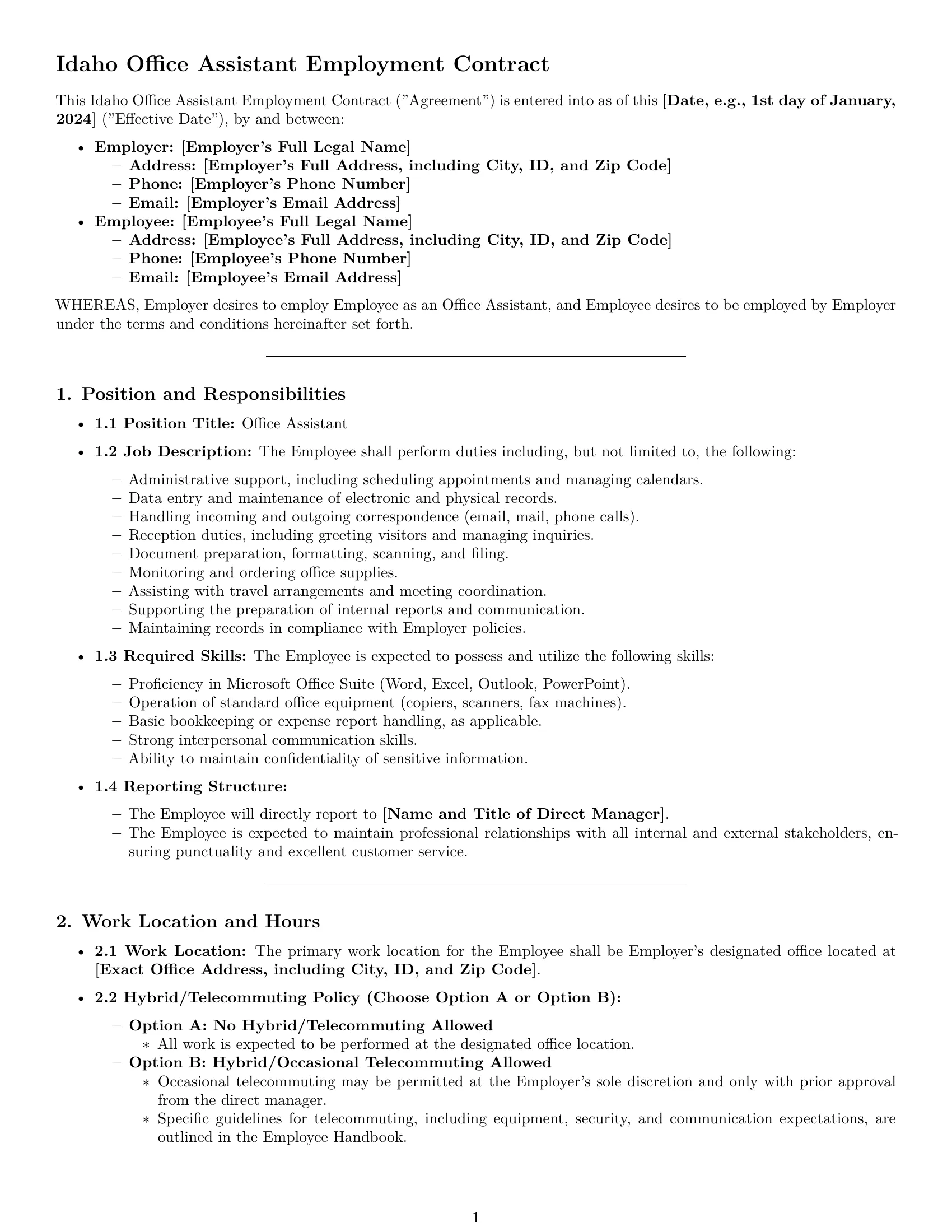 Preview page 1 of Pro Idaho office assistant employment contract template