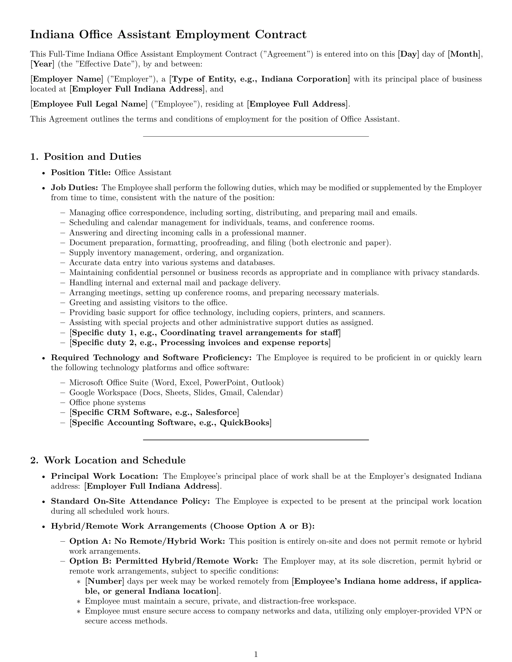 Preview page 1 of Pro Indiana office assistant employment contract template