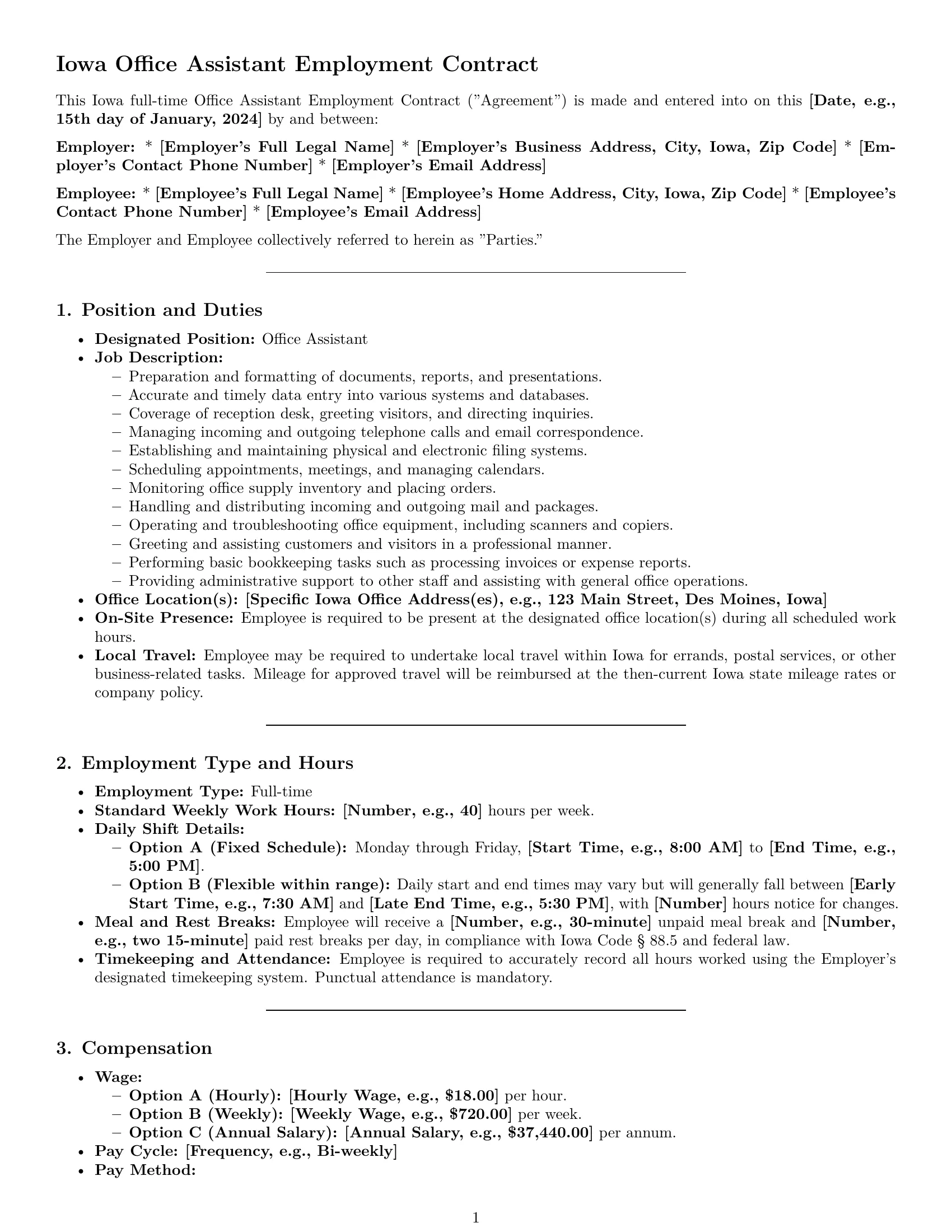Preview page 1 of Pro Iowa office assistant employment contract template
