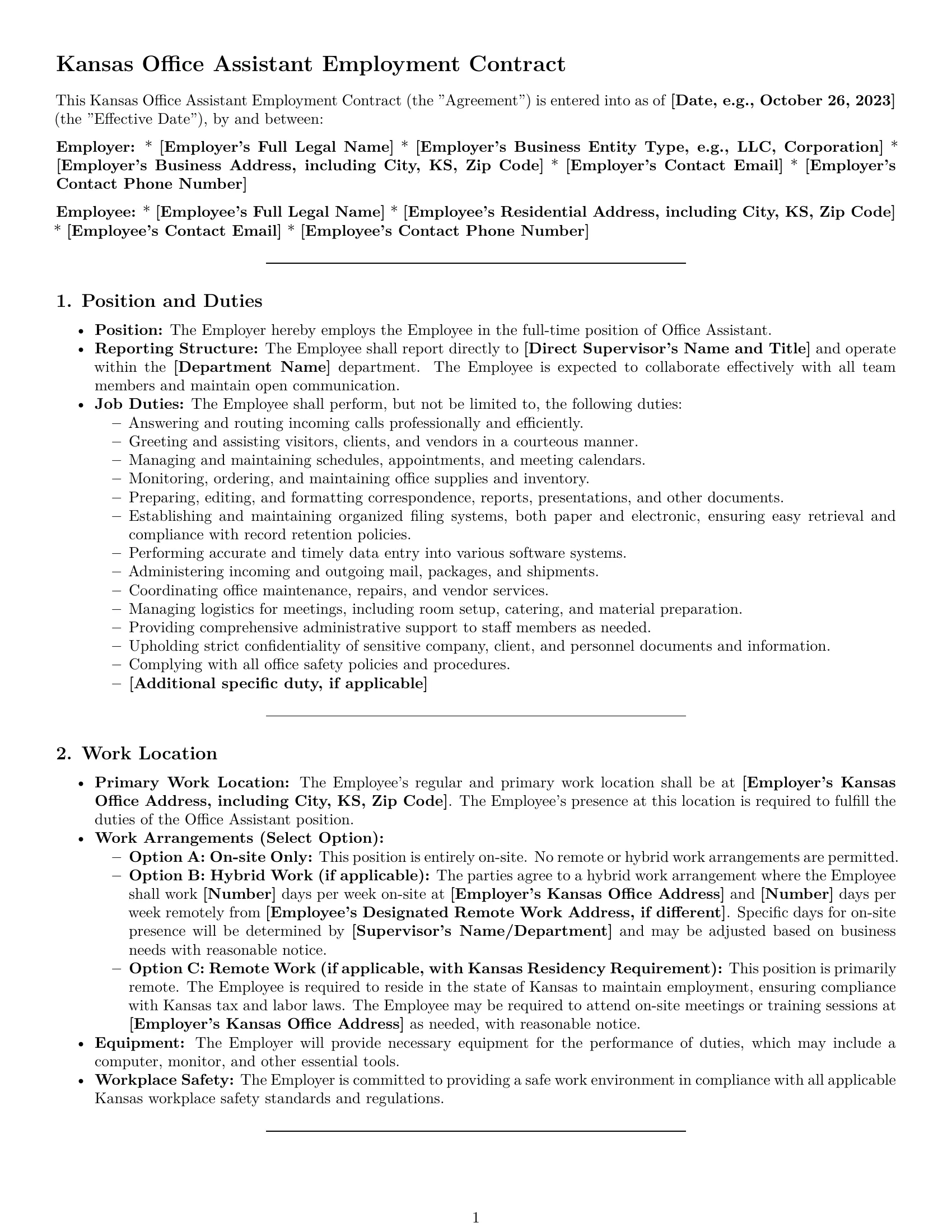 Preview page 1 of Pro Kansas office assistant employment contract template