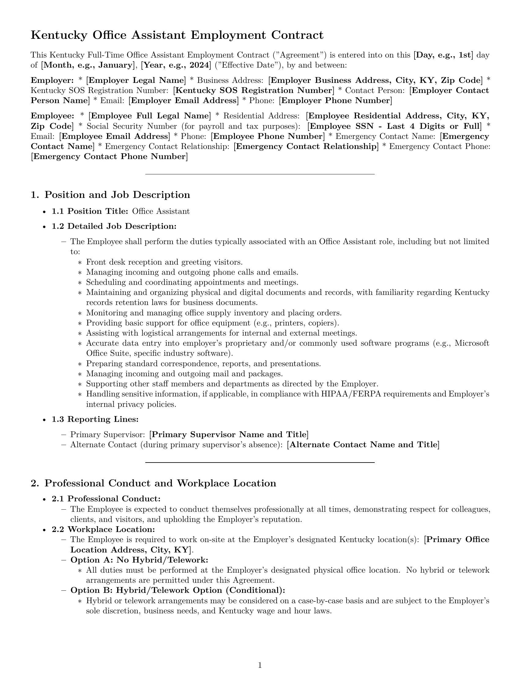 Preview page 1 of Pro Kentucky office assistant employment contract template