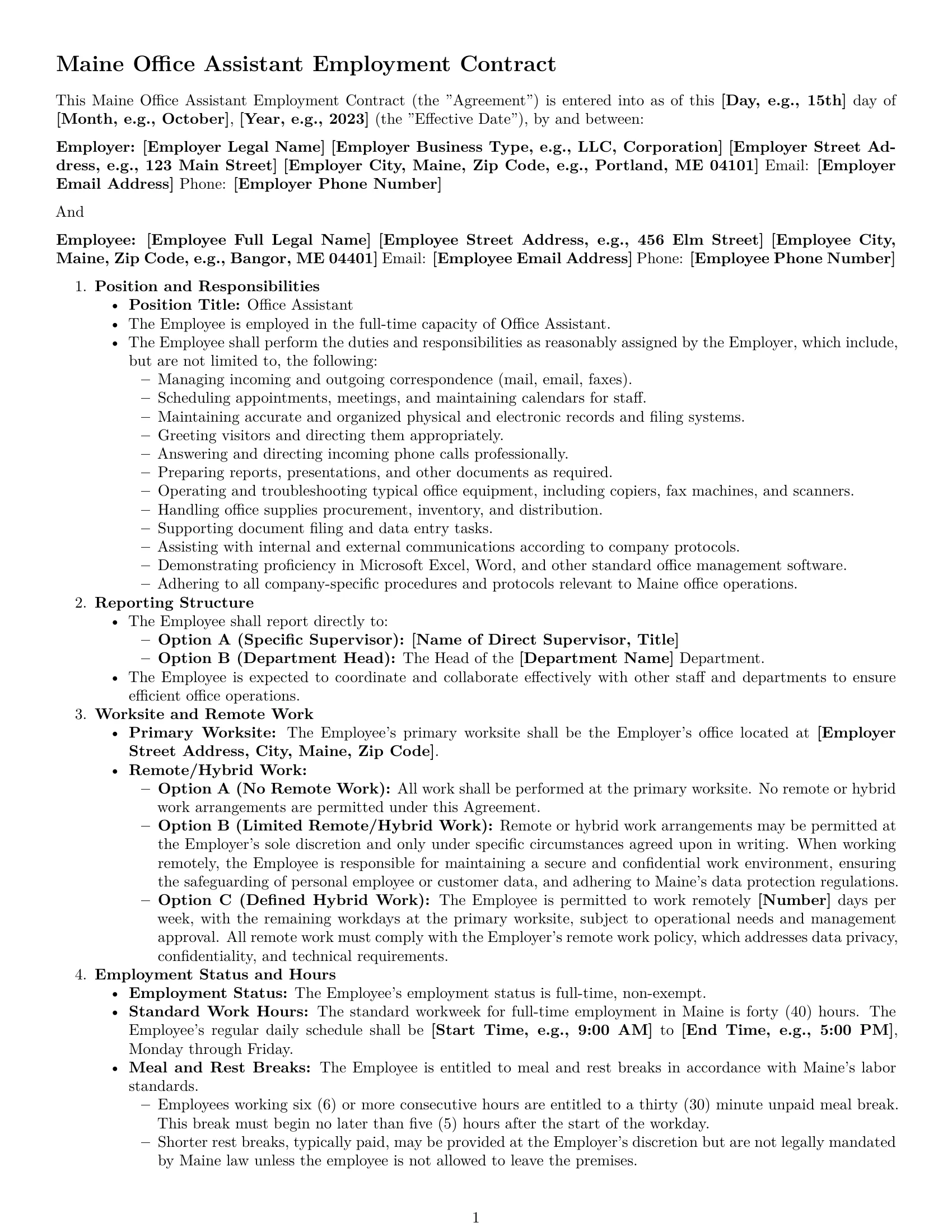 Preview page 1 of Pro Maine office assistant employment contract template