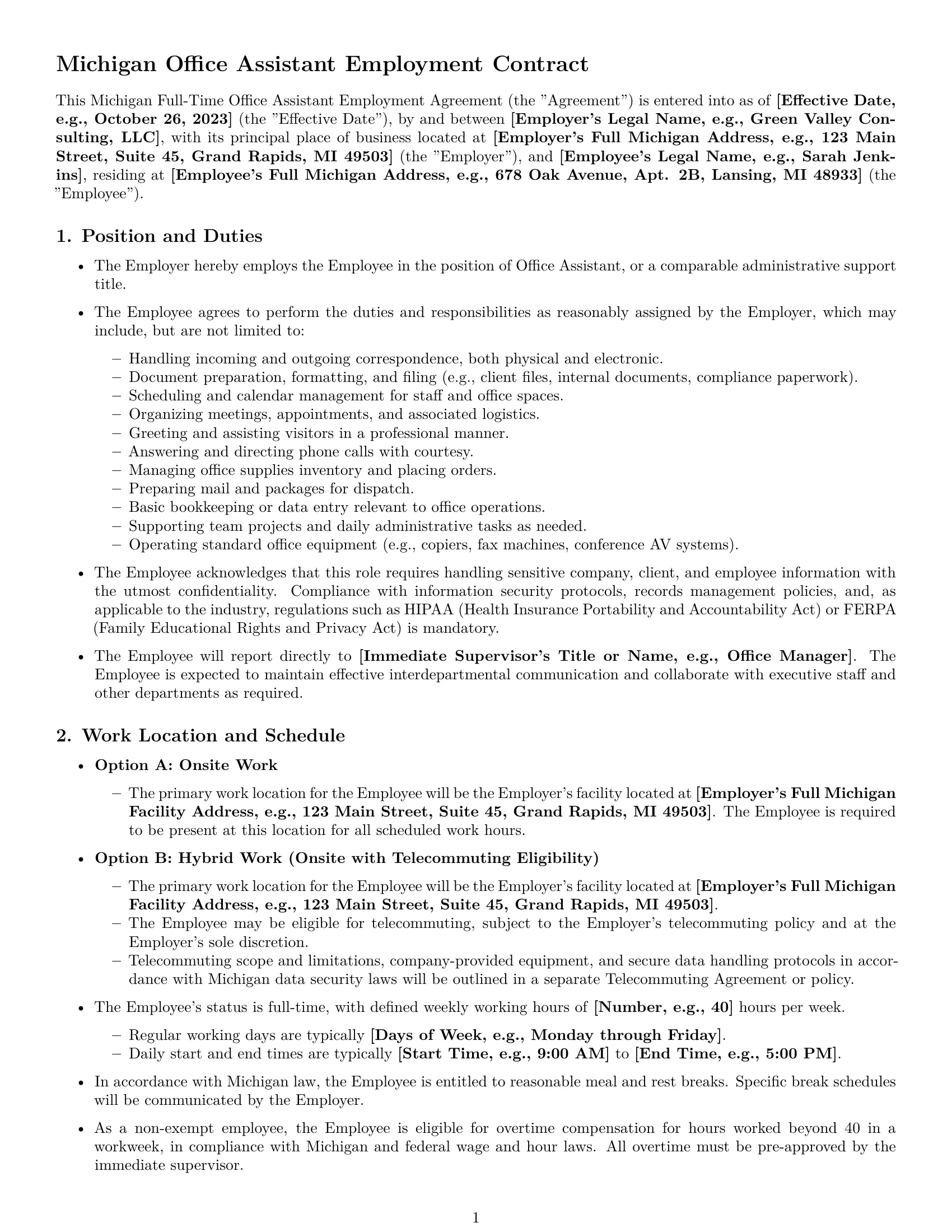 Preview page 1 of Pro Michigan office assistant employment contract template
