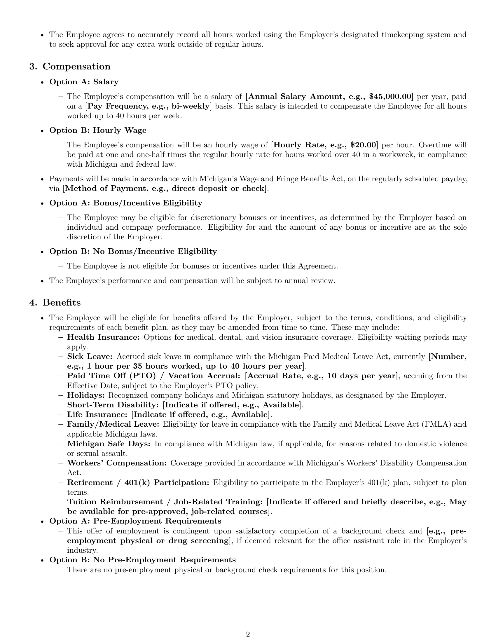 Preview page 2 of Pro Michigan office assistant employment contract template
