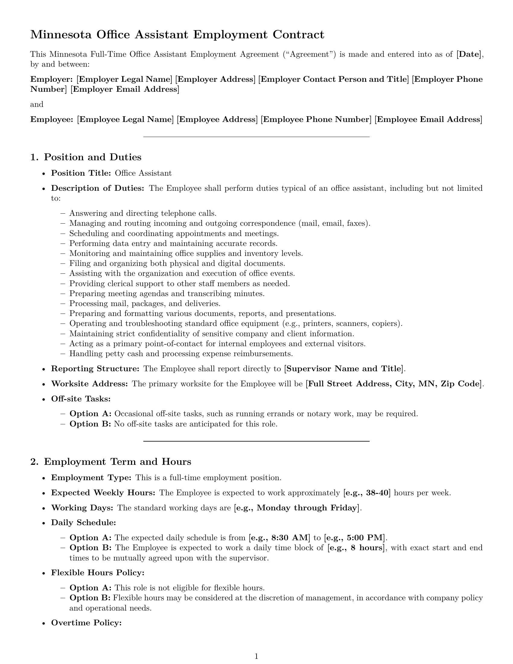 Preview page 1 of Pro Minnesota office assistant employment contract template
