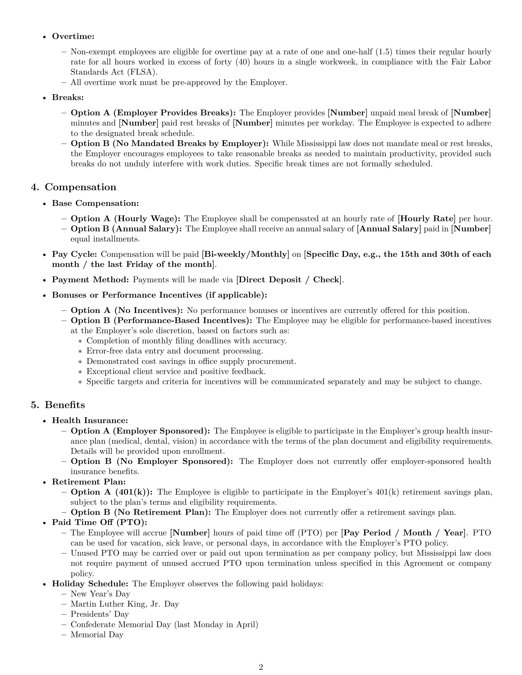 Preview page 2 of Pro Mississippi office assistant employment contract template