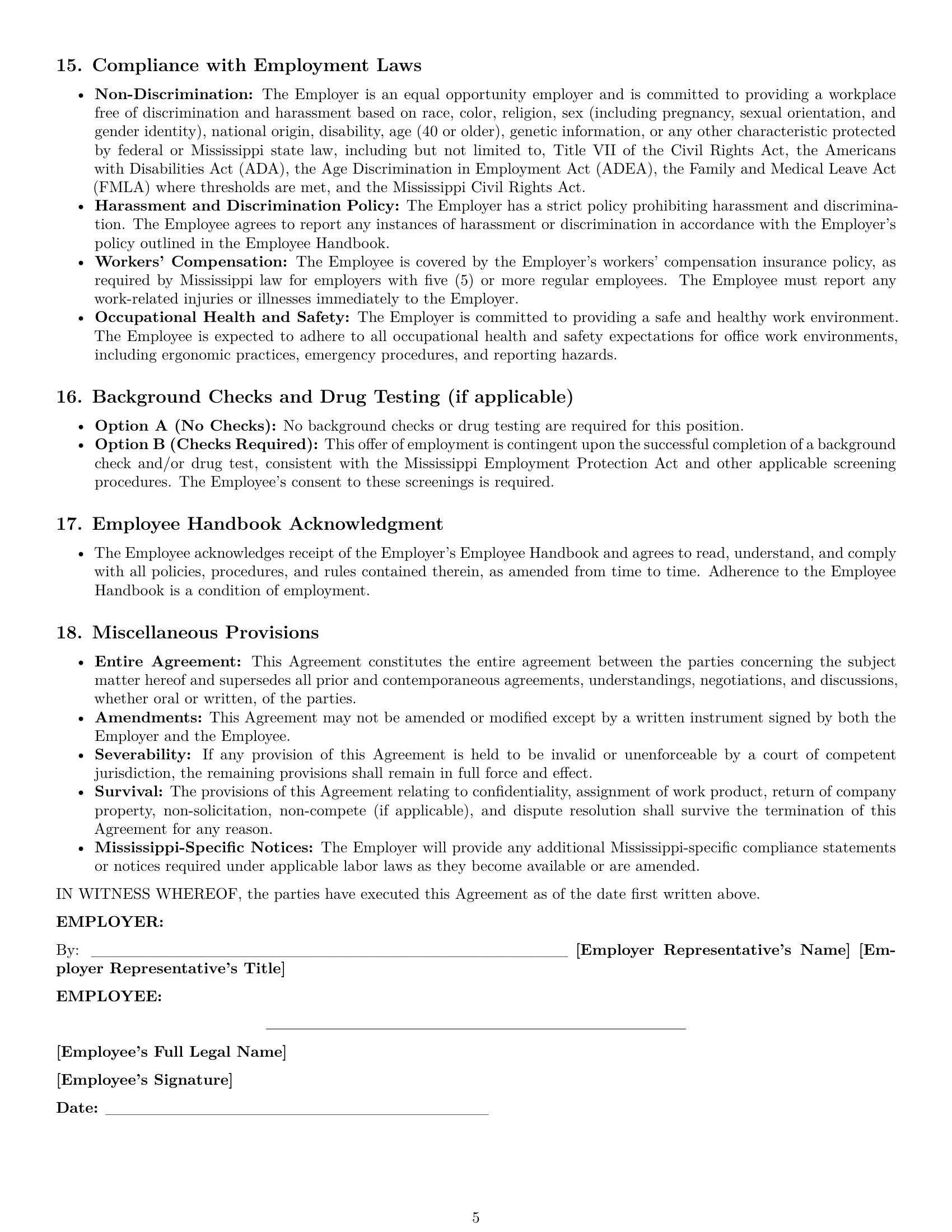 Preview page 5 of Pro Mississippi office assistant employment contract template