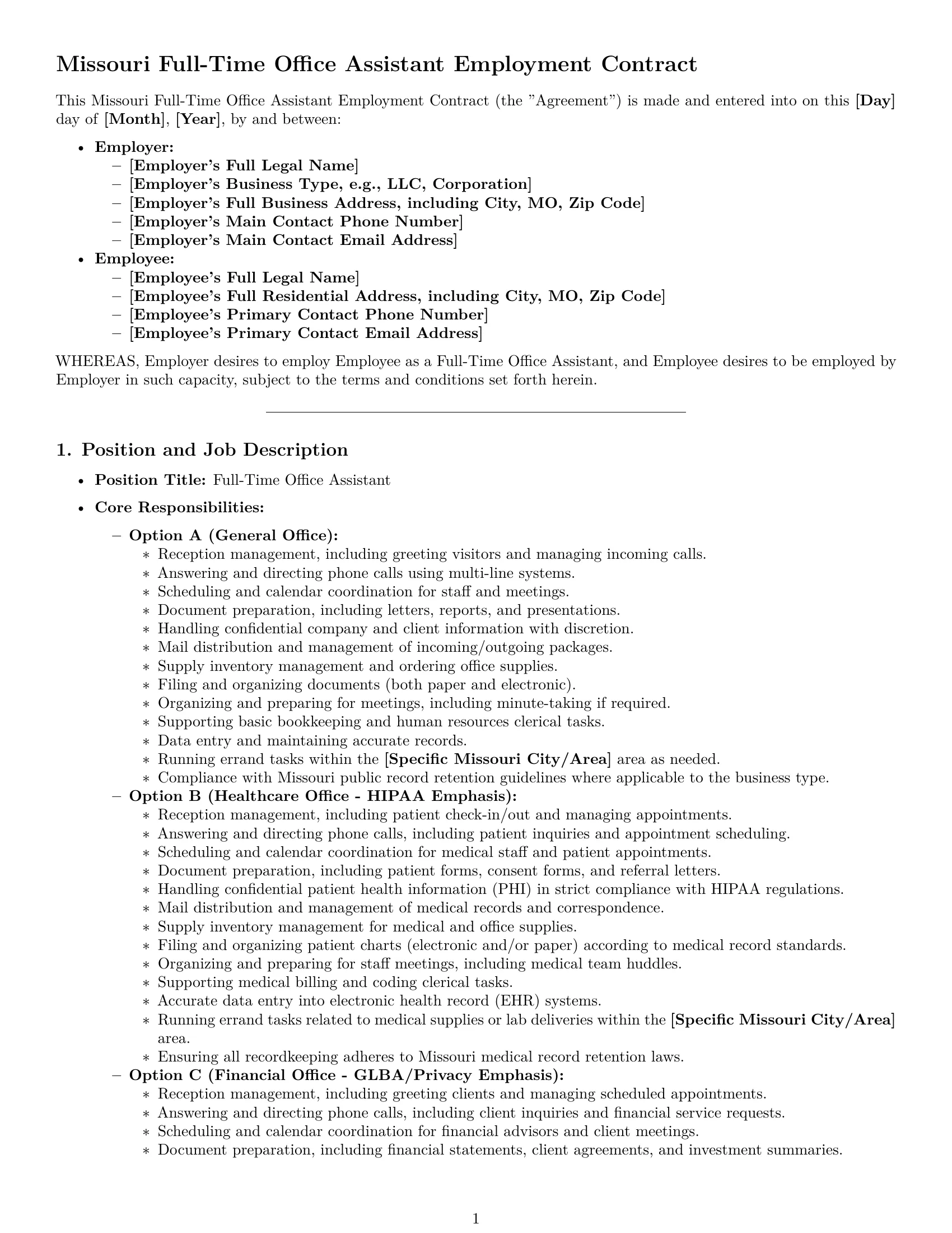 Preview page 1 of Pro Missouri office assistant employment contract template