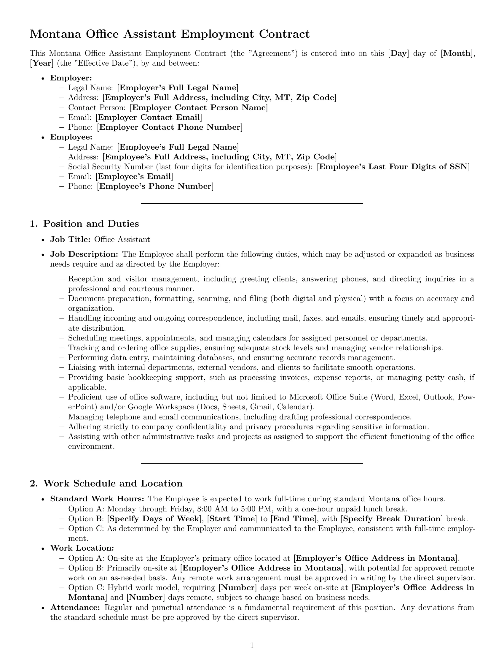 Preview page 1 of Pro Montana office assistant employment contract template