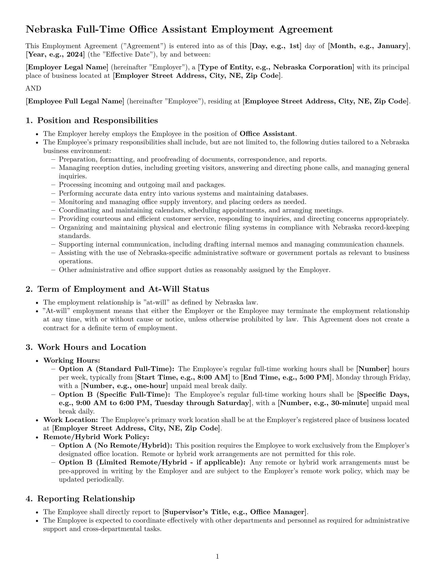 Preview page 1 of Pro Nebraska office assistant employment contract template