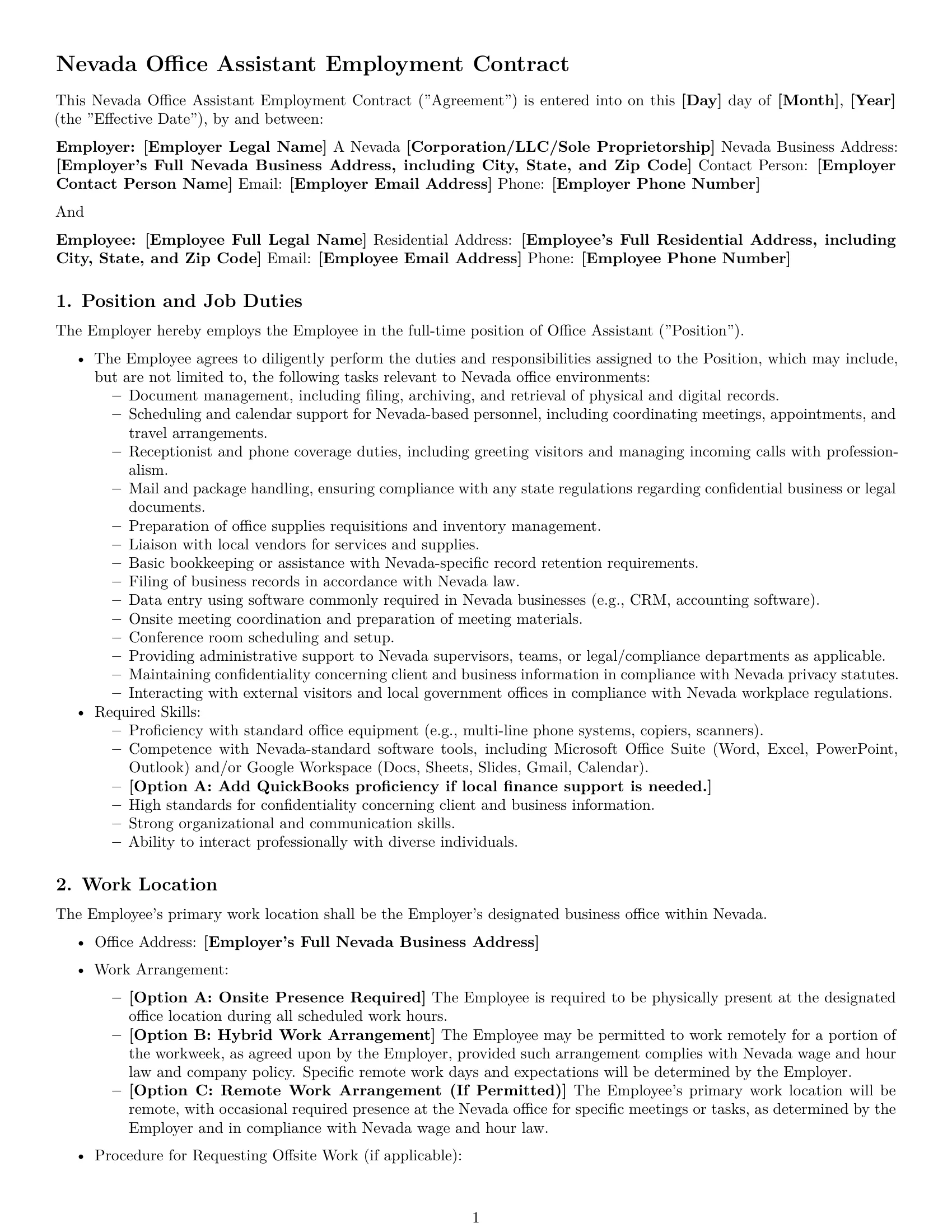 Preview page 1 of Pro Nevada office assistant employment contract template