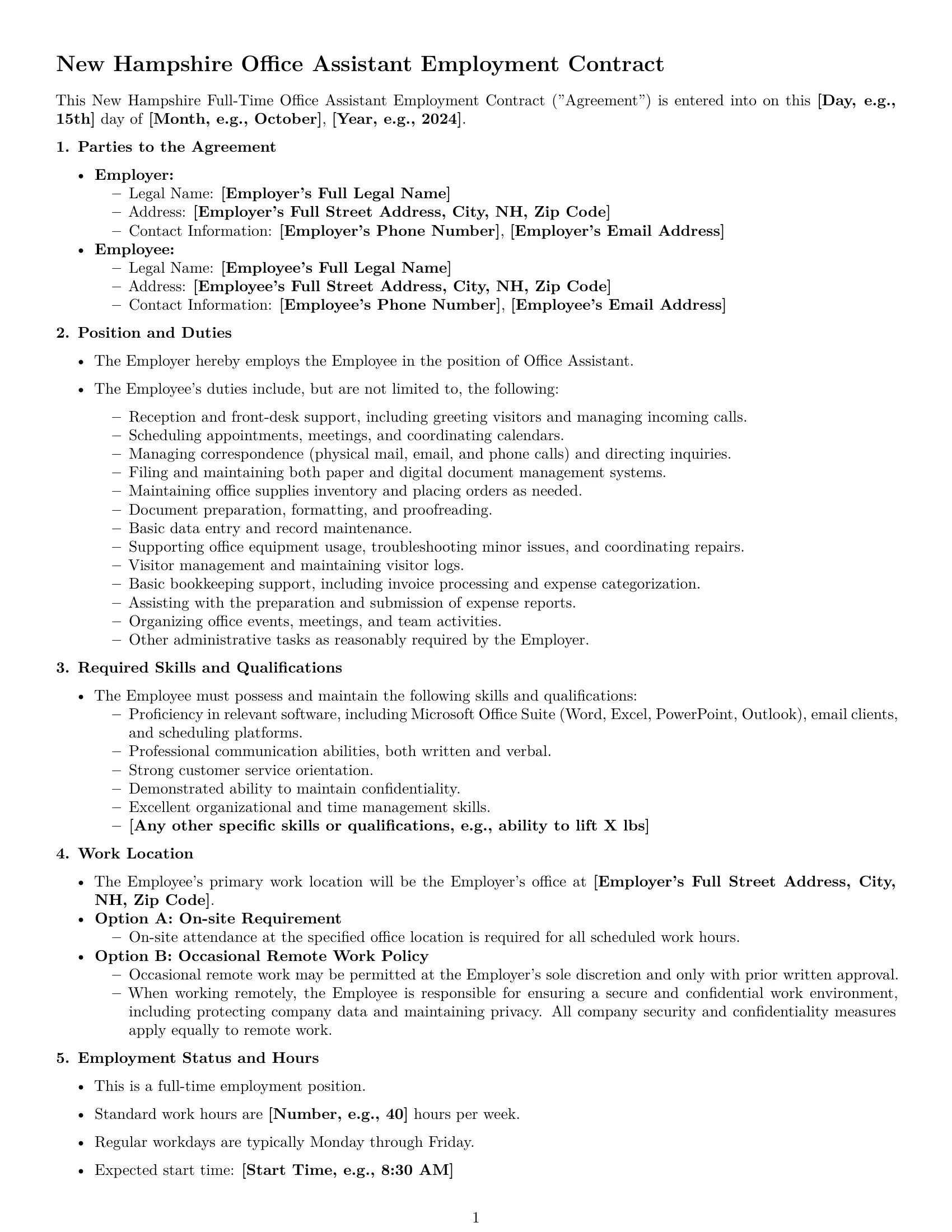 Preview page 1 of Pro New Hampshire office assistant employment contract template