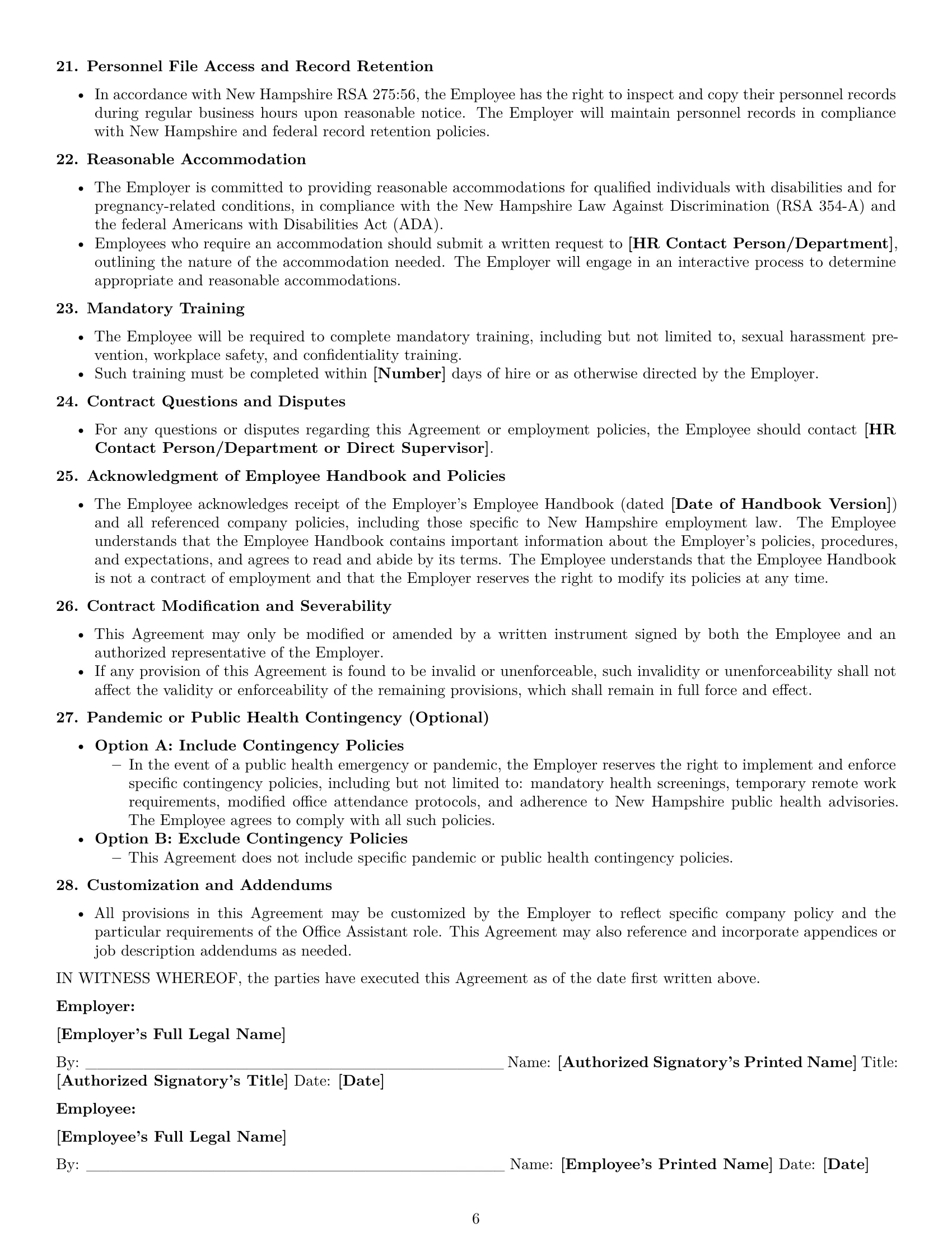 Preview page 6 of Pro New Hampshire office assistant employment contract template