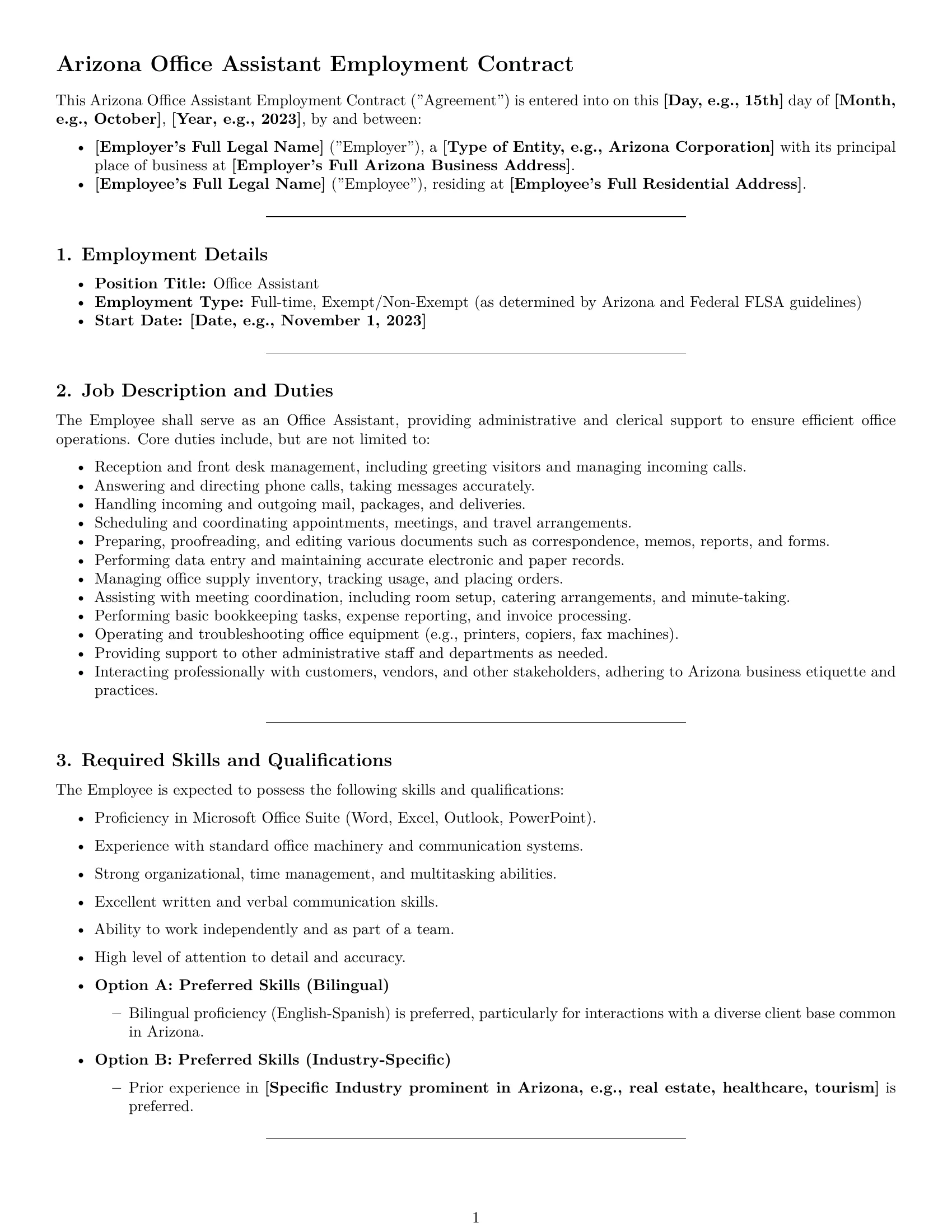 Preview page 1 of Pro Arizona office assistant employment contract template