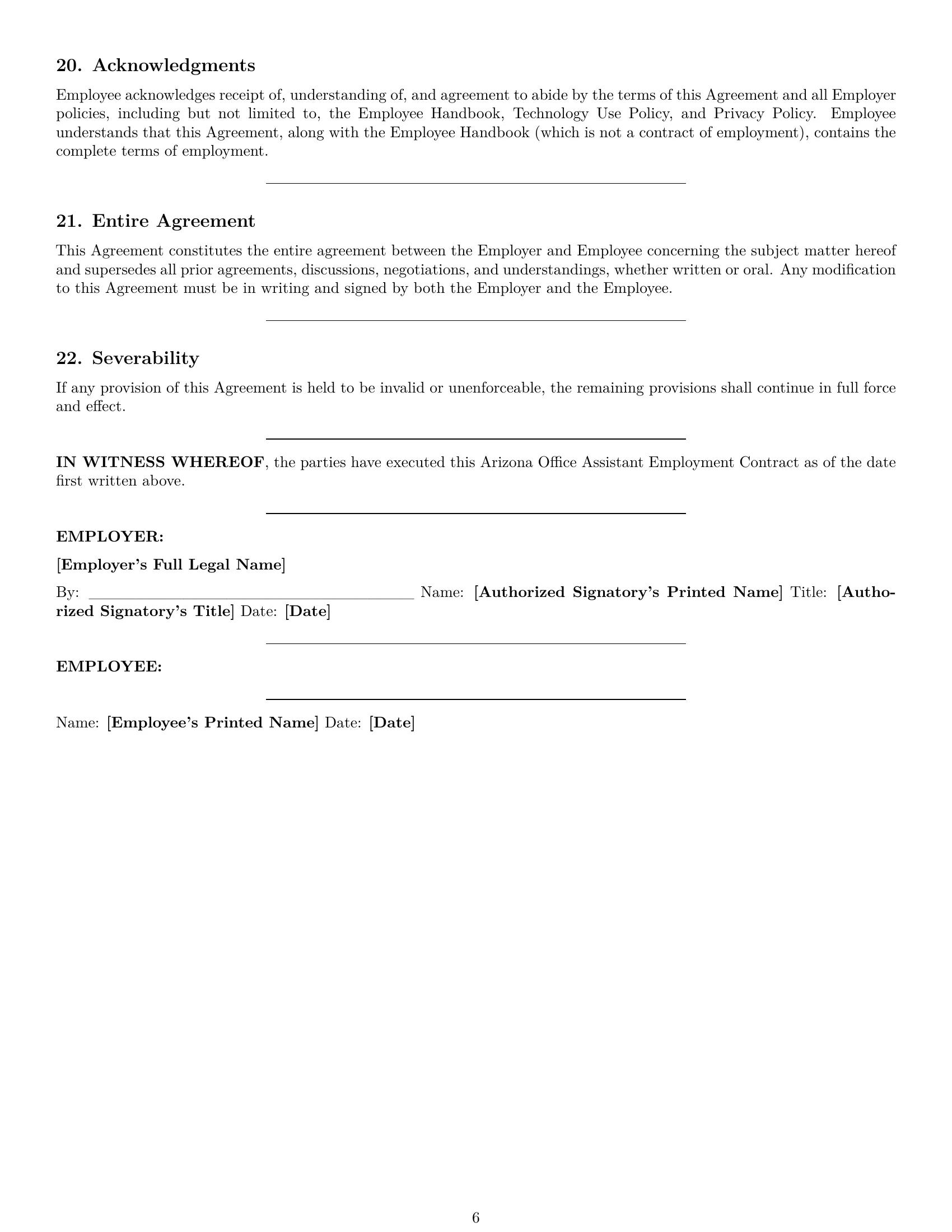 Preview page 6 of Pro Arizona office assistant employment contract template