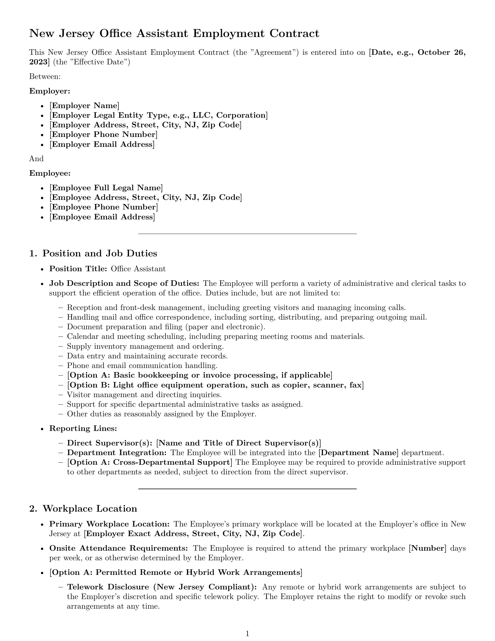 Preview page 1 of Pro New Jersey office assistant employment contract template