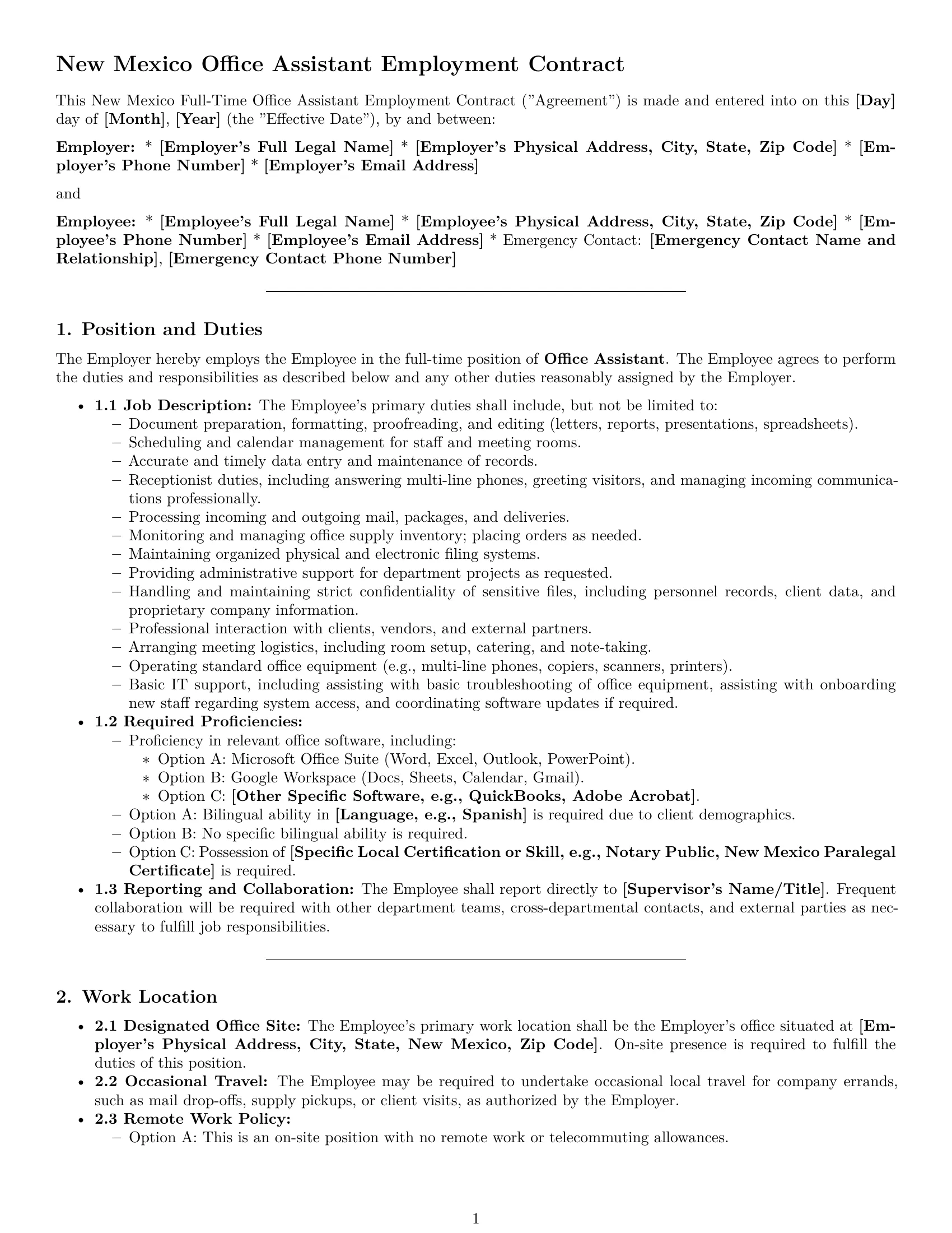 Preview page 1 of Pro New Mexico office assistant employment contract template
