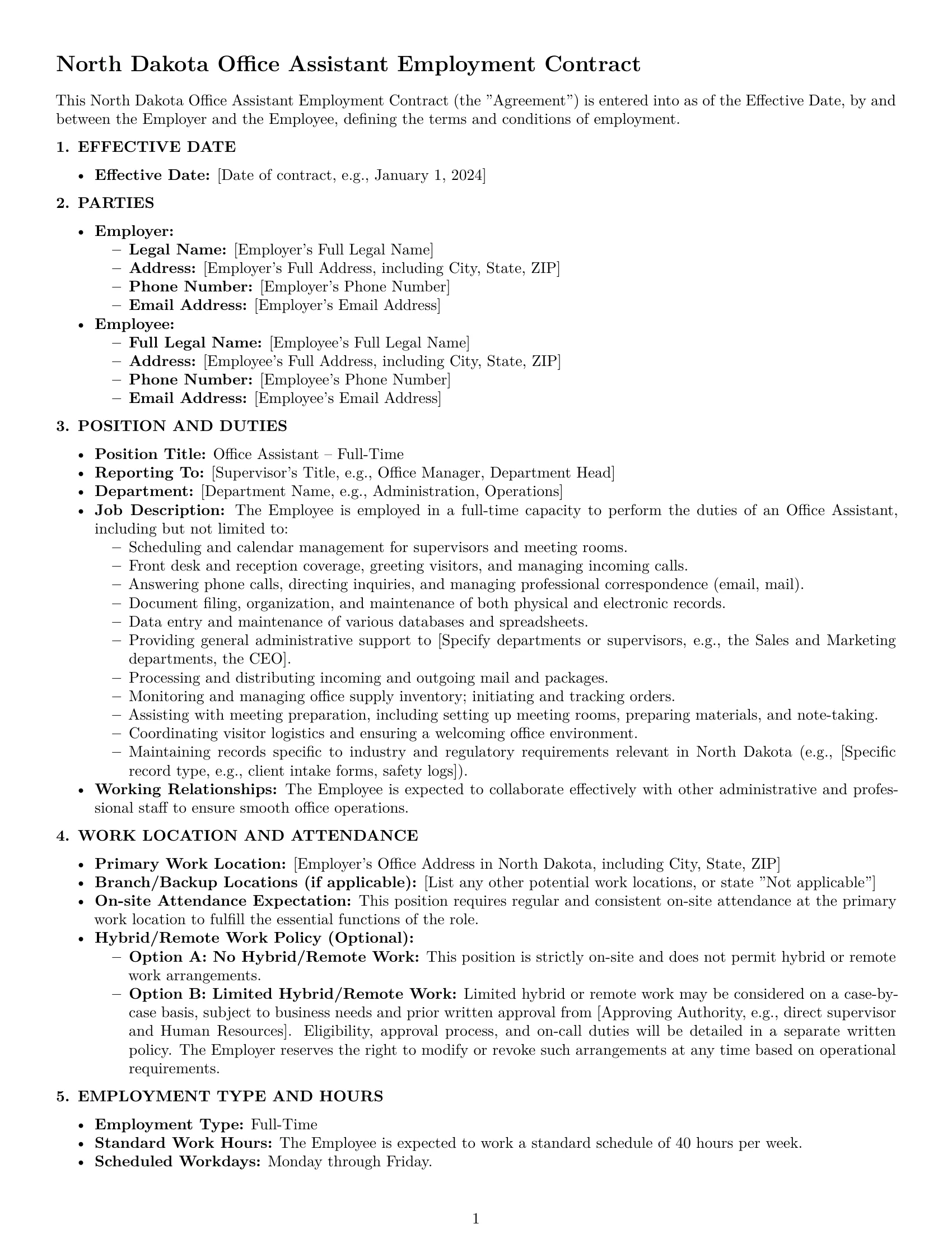 Preview page 1 of Pro North Dakota office assistant employment contract template