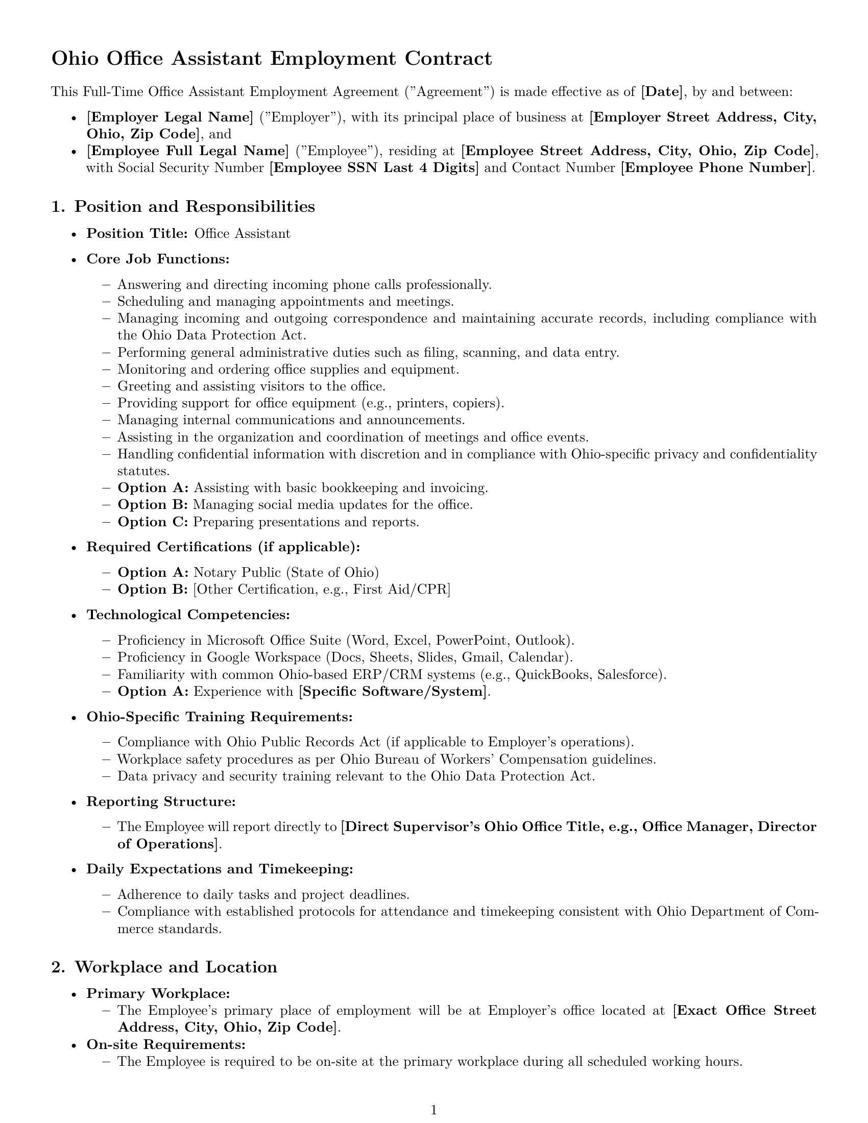 Preview page 1 of Pro Ohio office assistant employment contract template